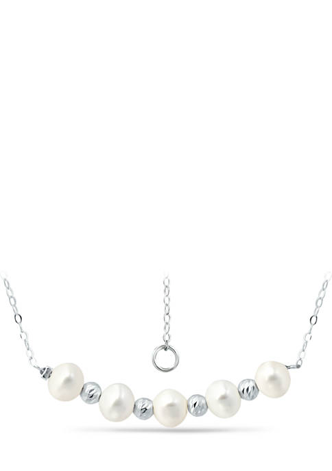  6.5-7 Millimeter Freshwater Pearl and Diamond Cut Bead Station Necklace in Sterling Silver