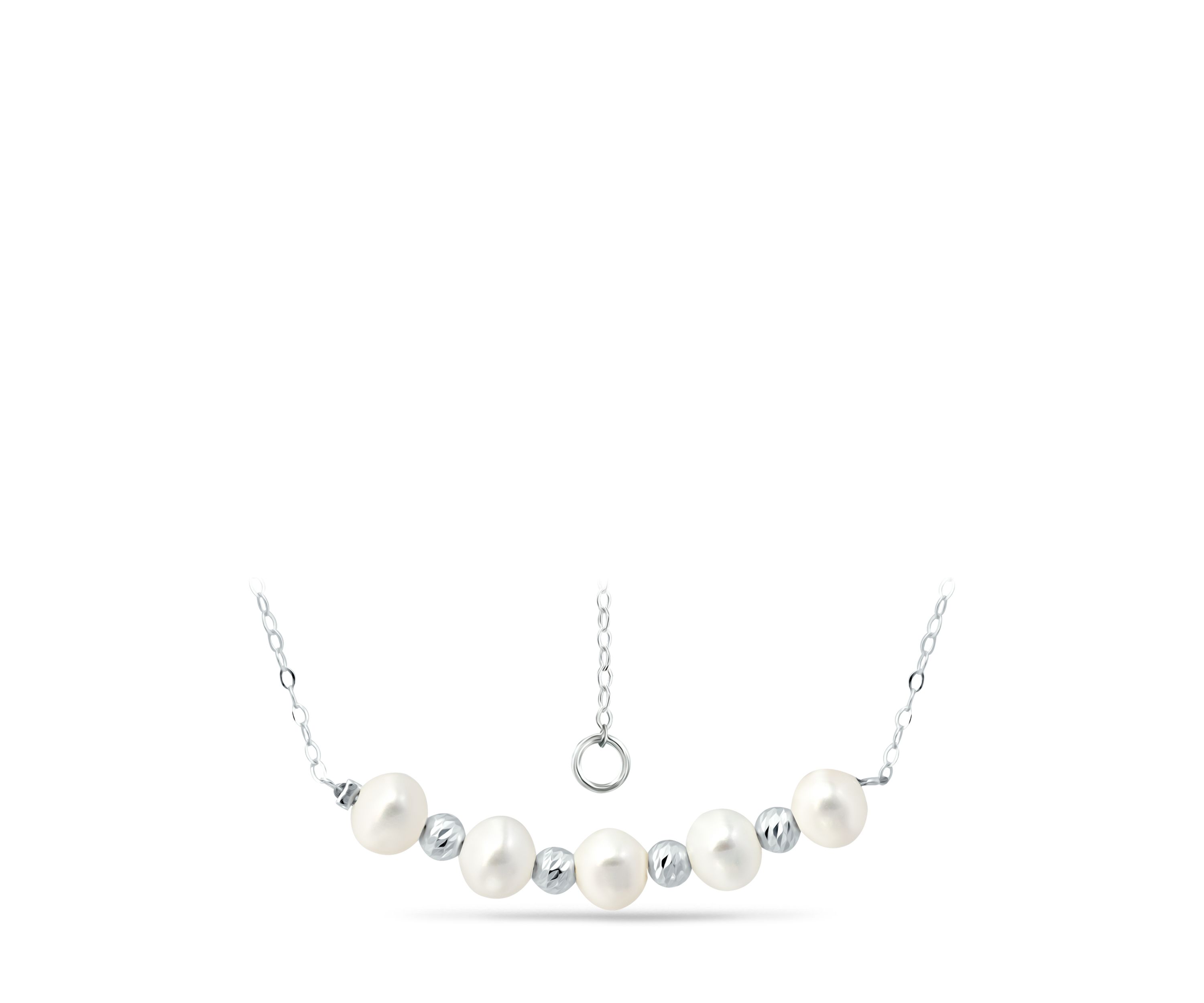  6.5-7 Millimeter Freshwater Pearl and Diamond Cut Bead Station Necklace in Sterling Silver
