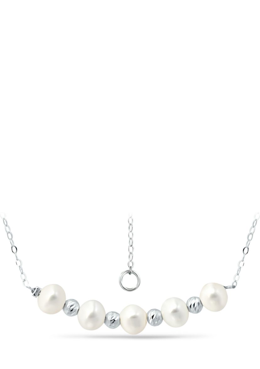  6.5-7 Millimeter Freshwater Pearl and Diamond Cut Bead Station Necklace in Sterling Silver