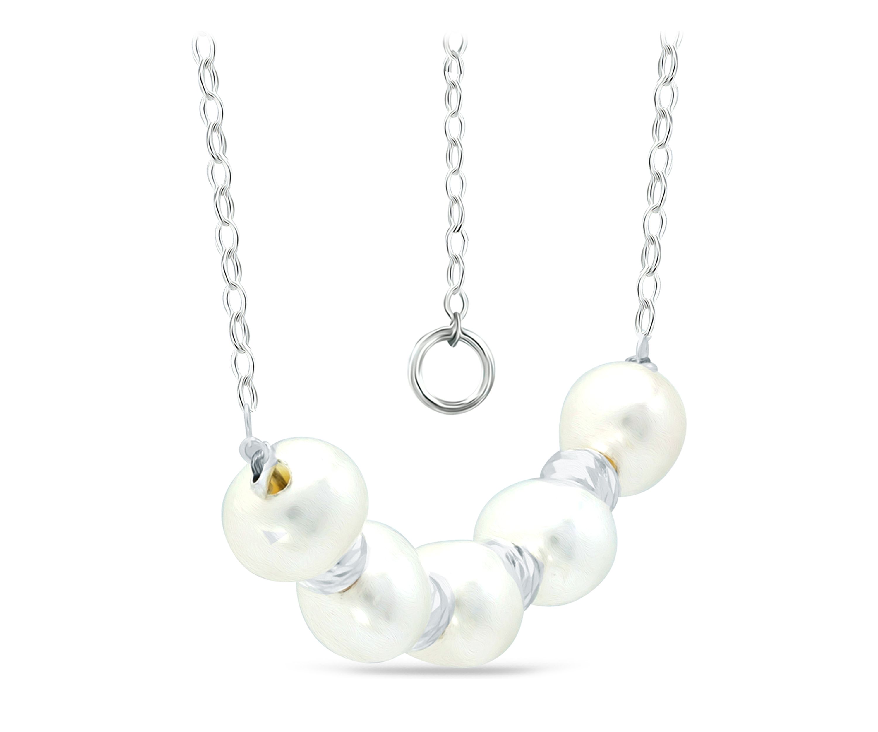  6.5-7 Millimeter Freshwater Pearl and Diamond Cut Bead Station Necklace in Sterling Silver