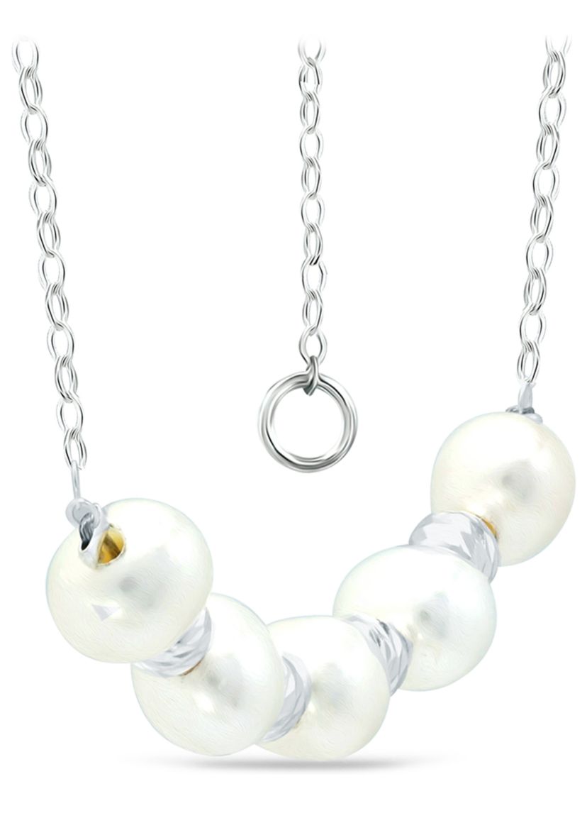  6.5-7 Millimeter Freshwater Pearl and Diamond Cut Bead Station Necklace in Sterling Silver
