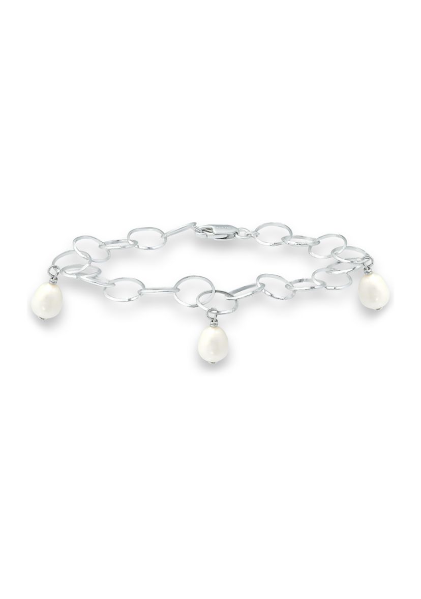 10 mm x 8 mm Freshwater Pearl Station Link Chain Bracelet in Sterling Silver