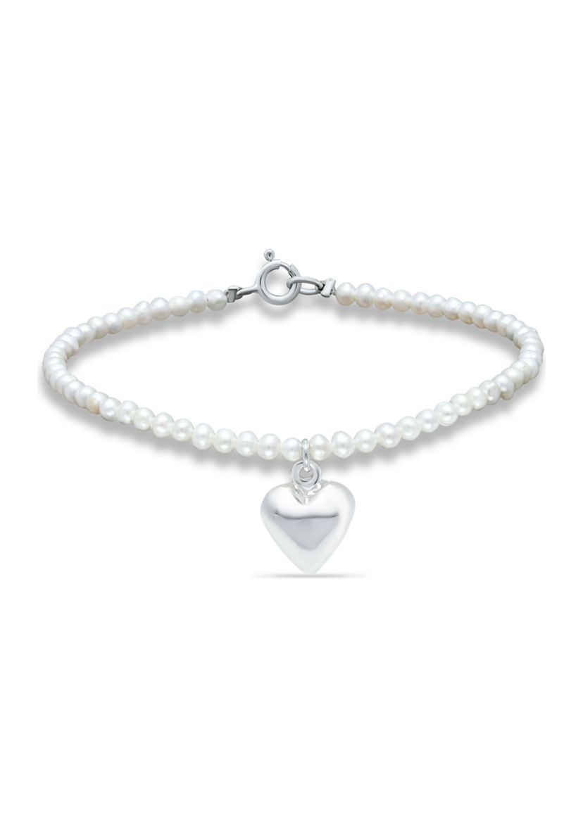 Fresh Water Pearl Strand Bracelet with Heart Charm, Sterling Silver
