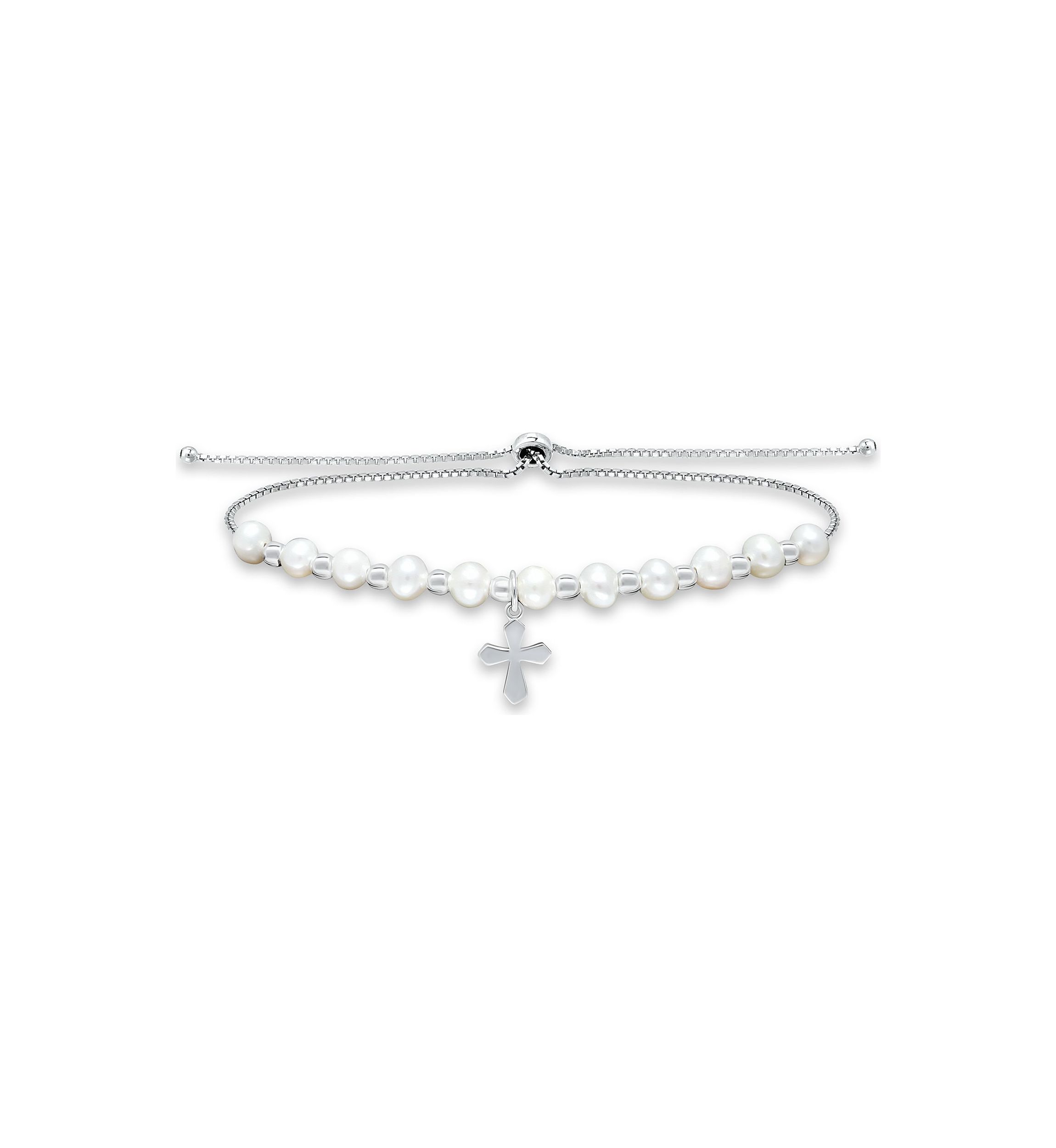 Fresh Water Pearl and Silver Bead Strand Bolo Bracelet with Cross Charm, Sterling Silver