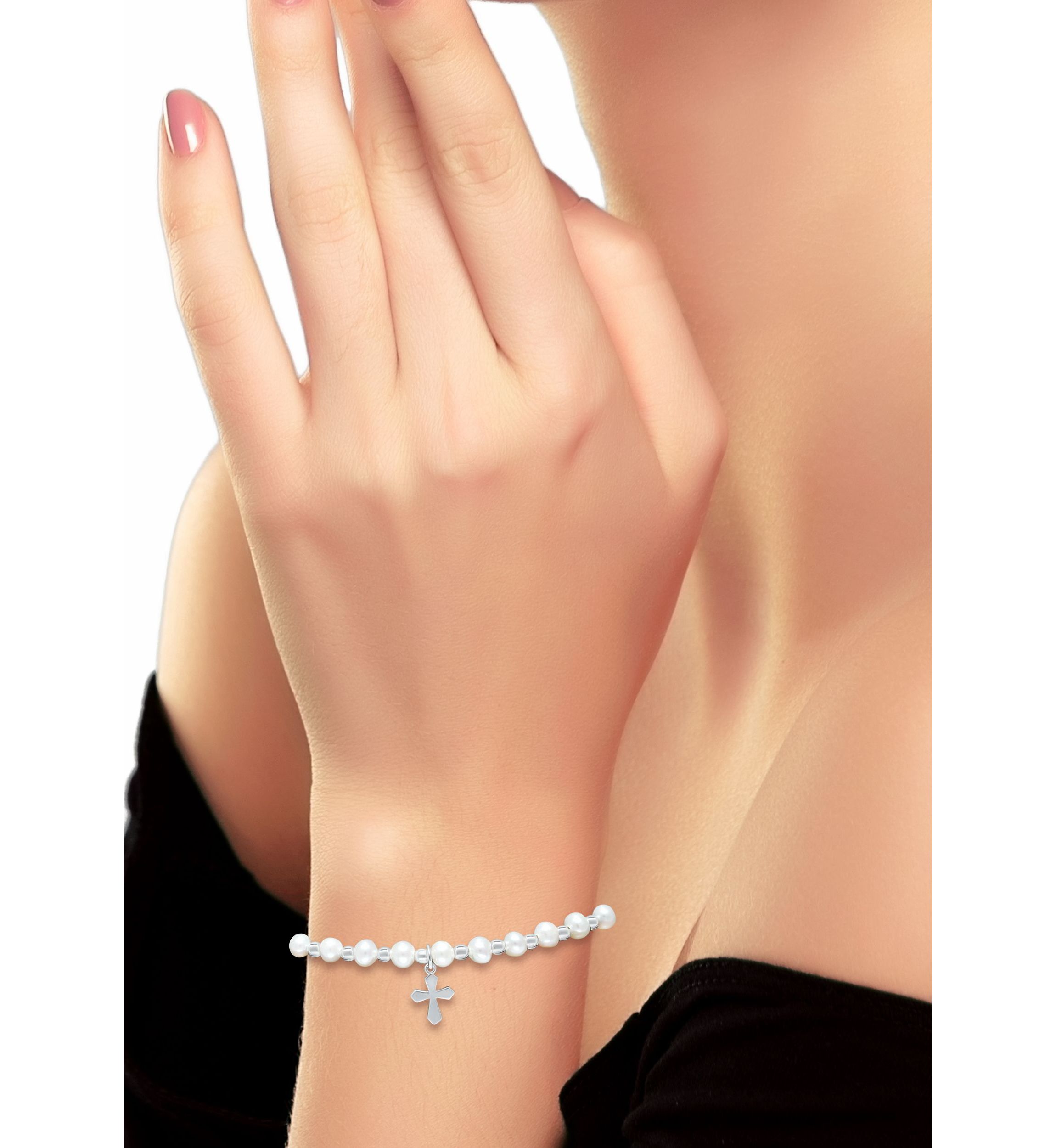 Fresh Water Pearl and Silver Bead Strand Bolo Bracelet with Cross Charm, Sterling Silver
