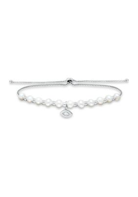 Belk & Co Fresh Water Pearl and Silver Bead Strand Bolo Bracelet with Evil Eye Charm, Sterling Silver, White
