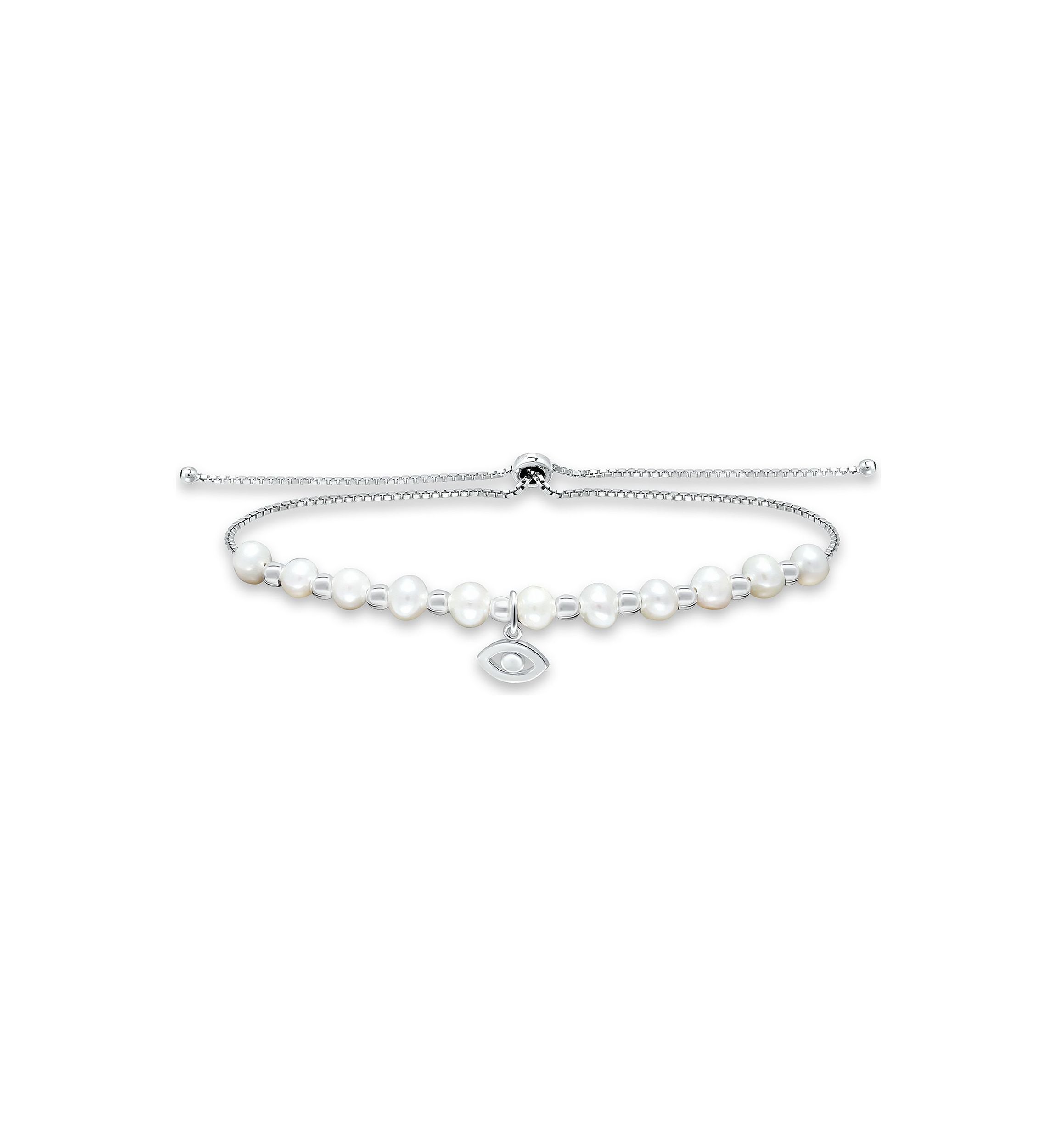 Fresh Water Pearl and Silver Bead Strand Bolo Bracelet with Evil Eye Charm, Sterling Silver