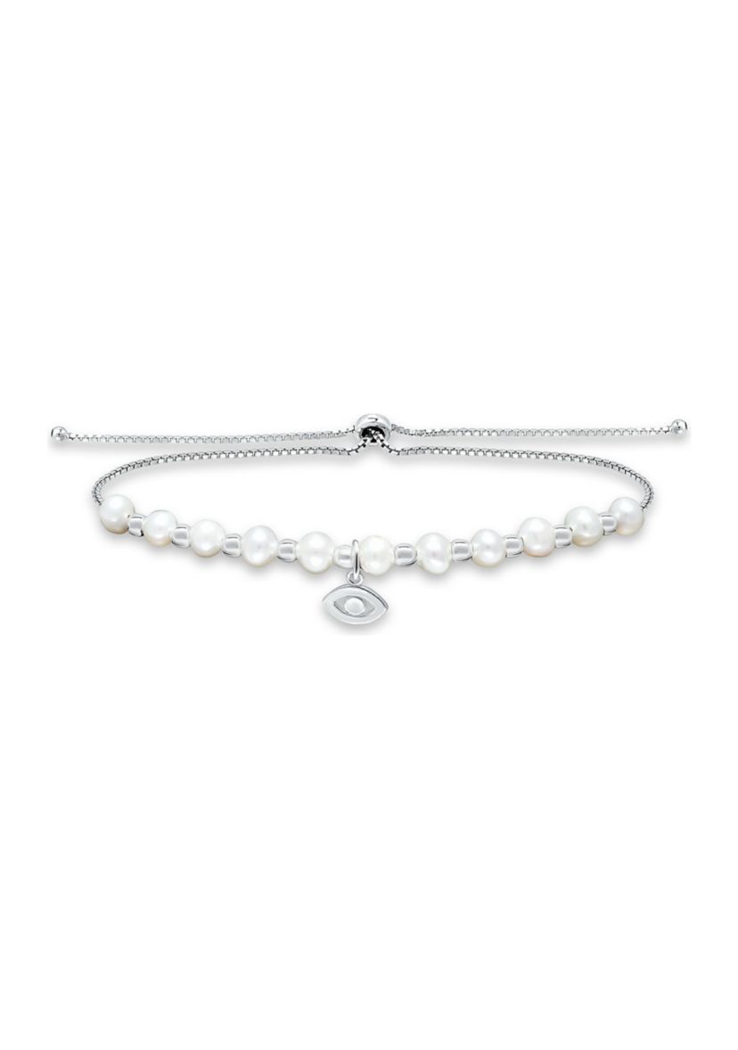 Fresh Water Pearl and Silver Bead Strand Bolo Bracelet with Evil Eye Charm, Sterling Silver