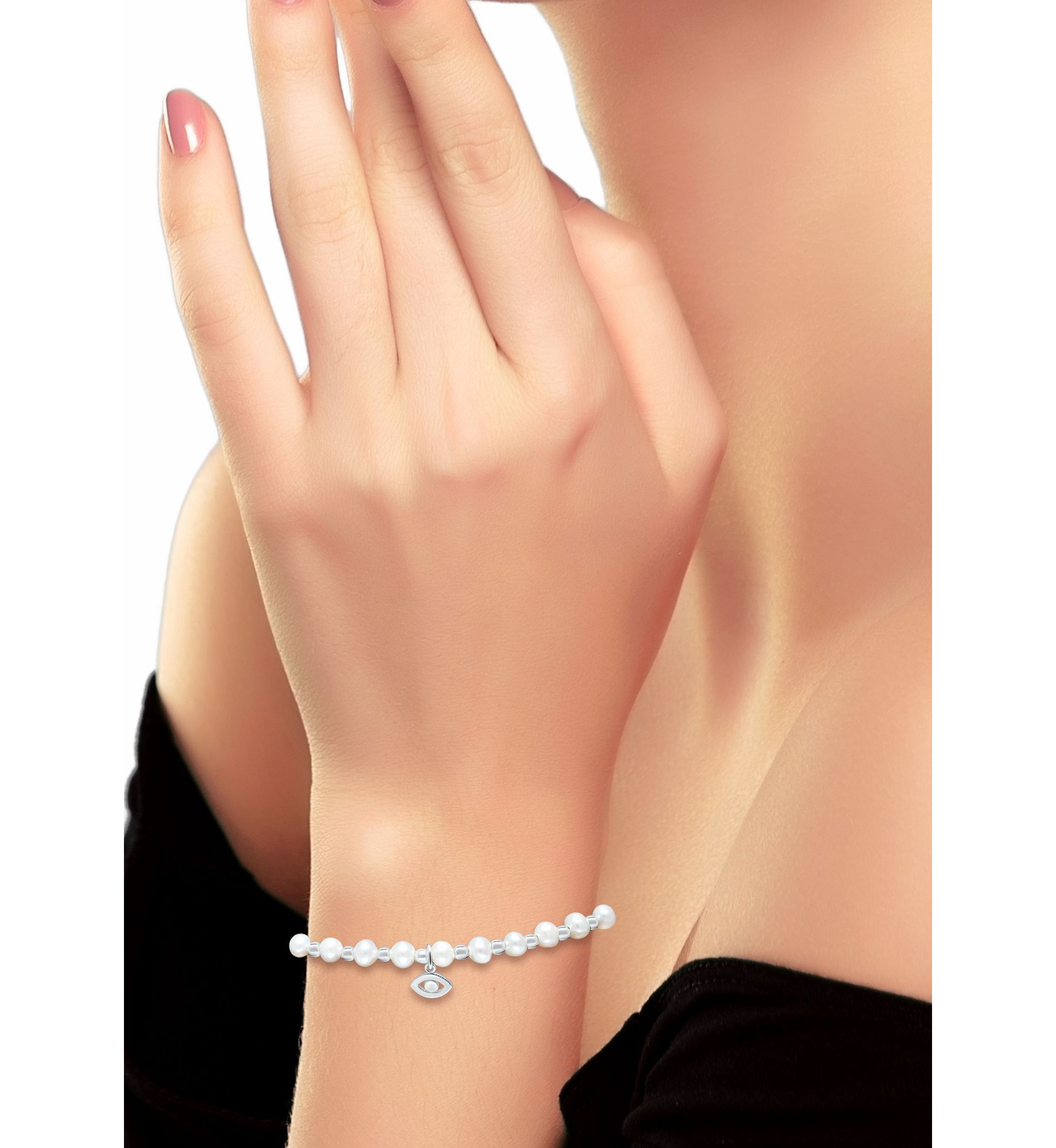 Fresh Water Pearl and Silver Bead Strand Bolo Bracelet with Evil Eye Charm, Sterling Silver
