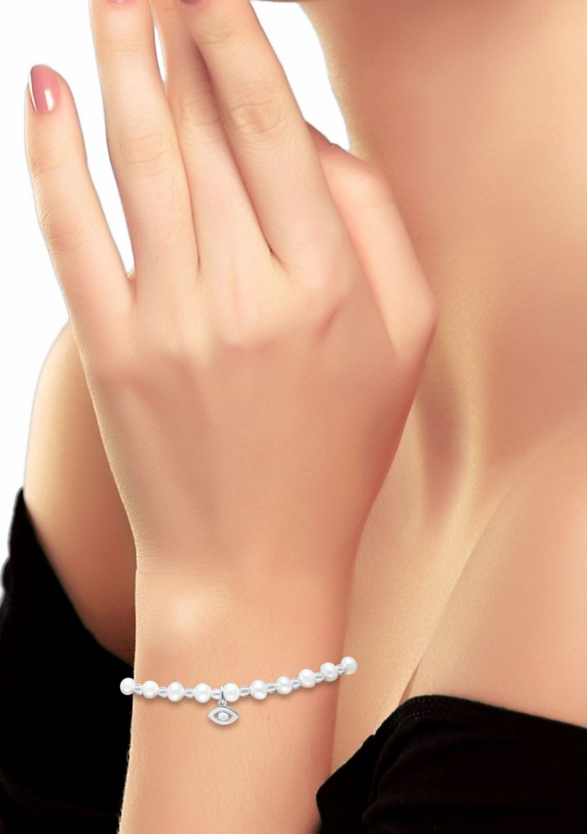 Fresh Water Pearl and Silver Bead Strand Bolo Bracelet with Evil Eye Charm, Sterling Silver