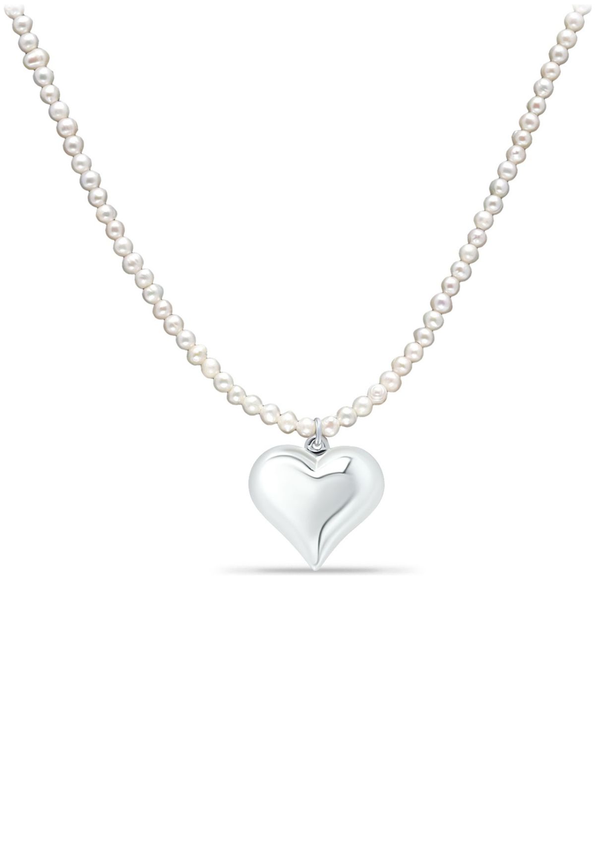 Fresh Water Pearl Strand Necklace with Heart Charm, Sterling Silver