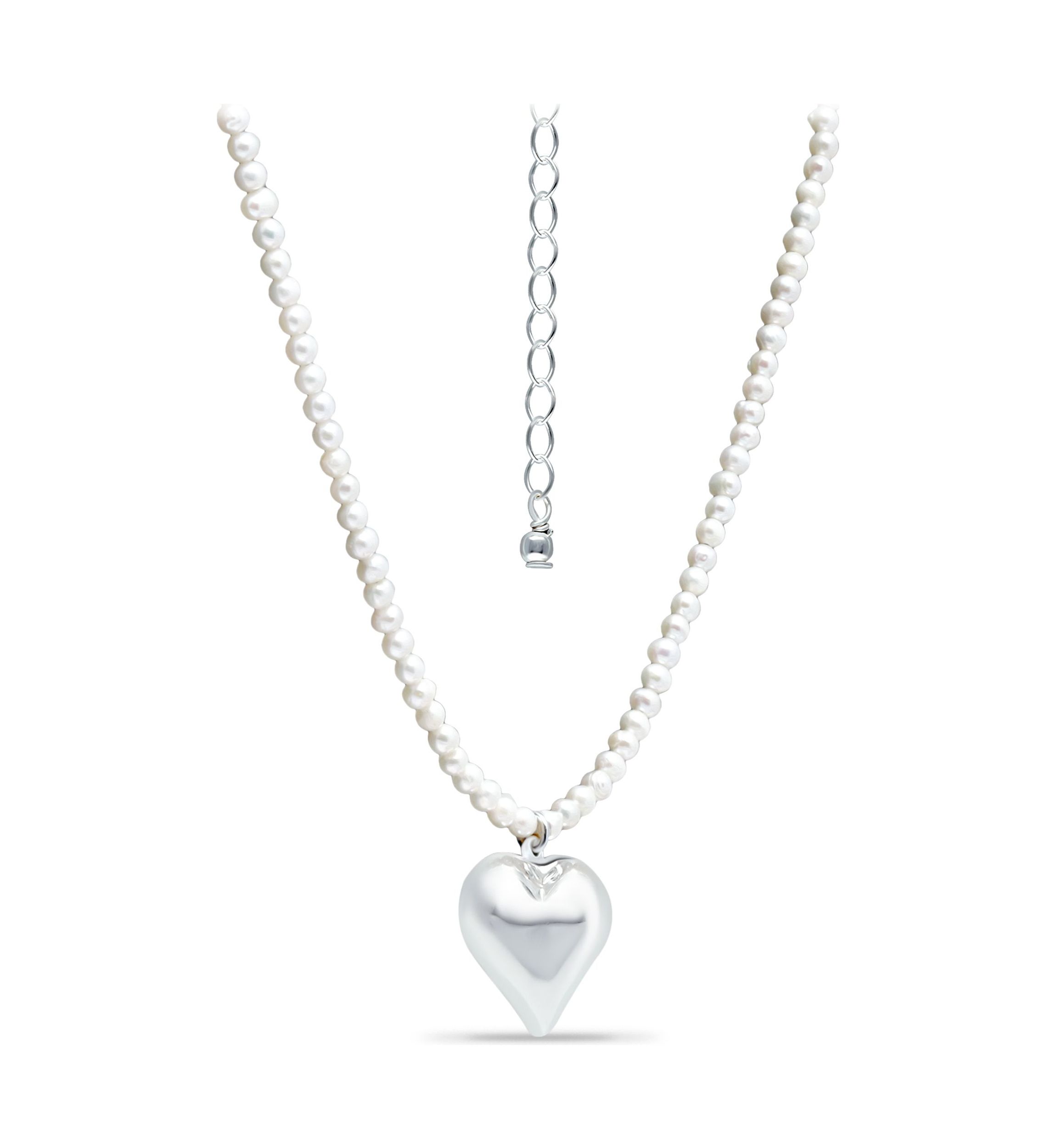 Fresh Water Pearl Strand Necklace with Heart Charm, Sterling Silver