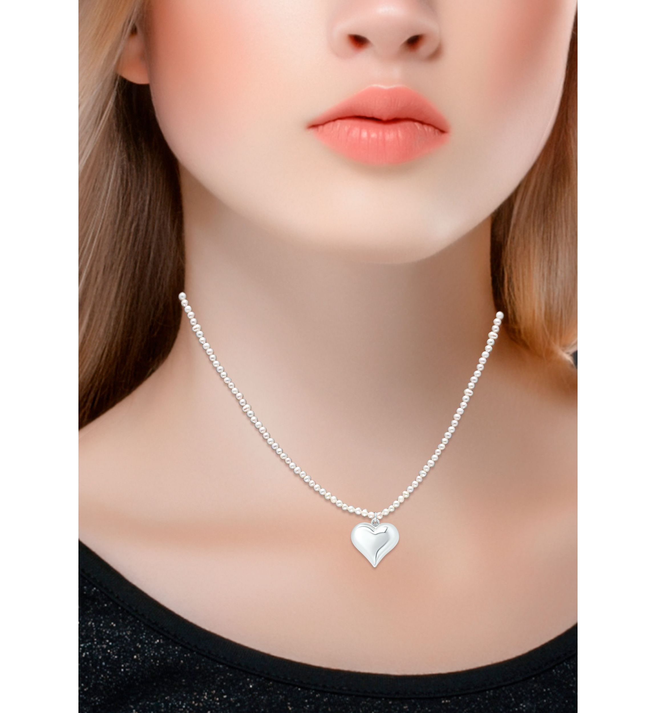 Fresh Water Pearl Strand Necklace with Heart Charm, Sterling Silver
