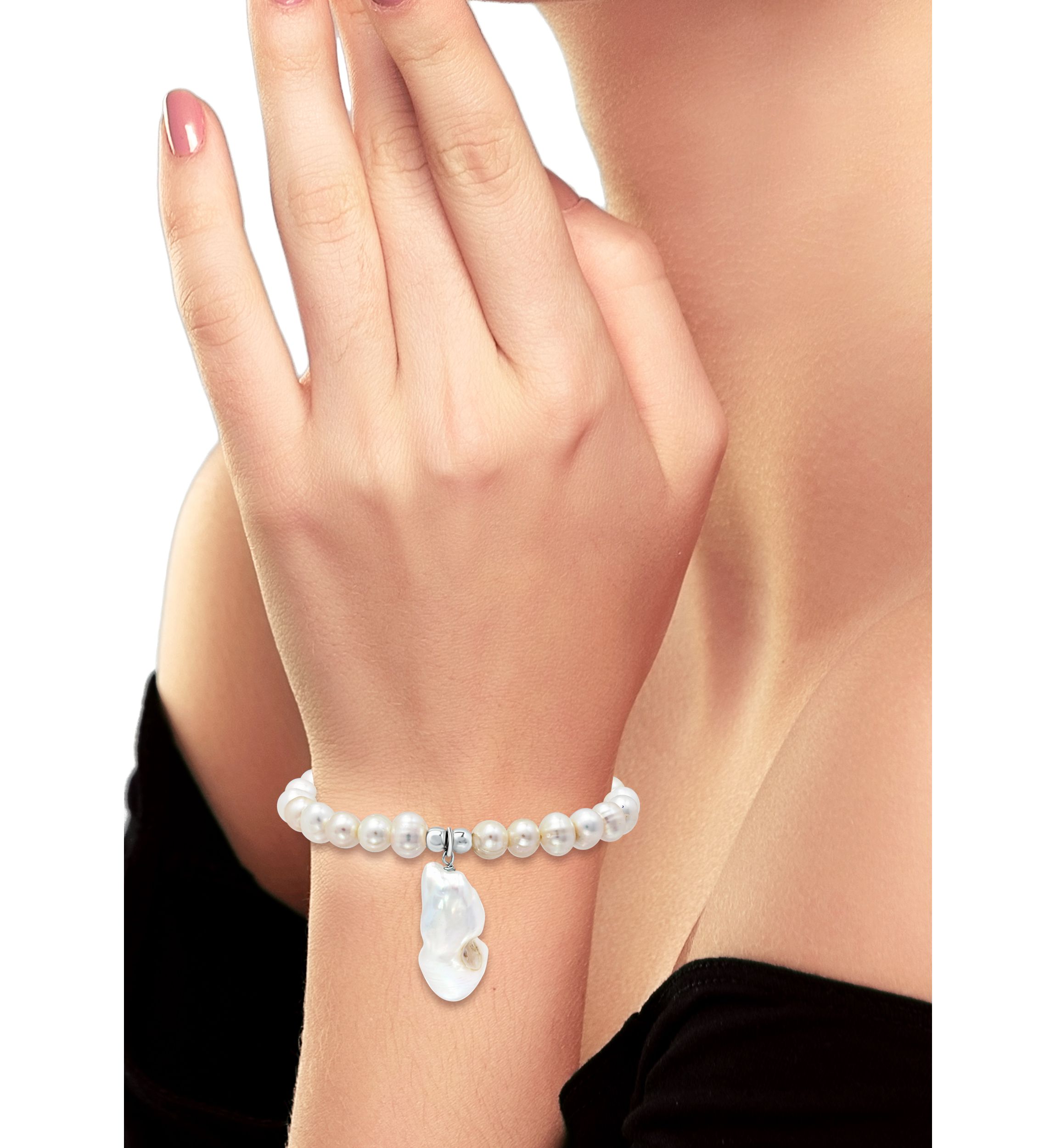 Fresh Water Pearl Drop Charm Bracelet in Sterling Silver