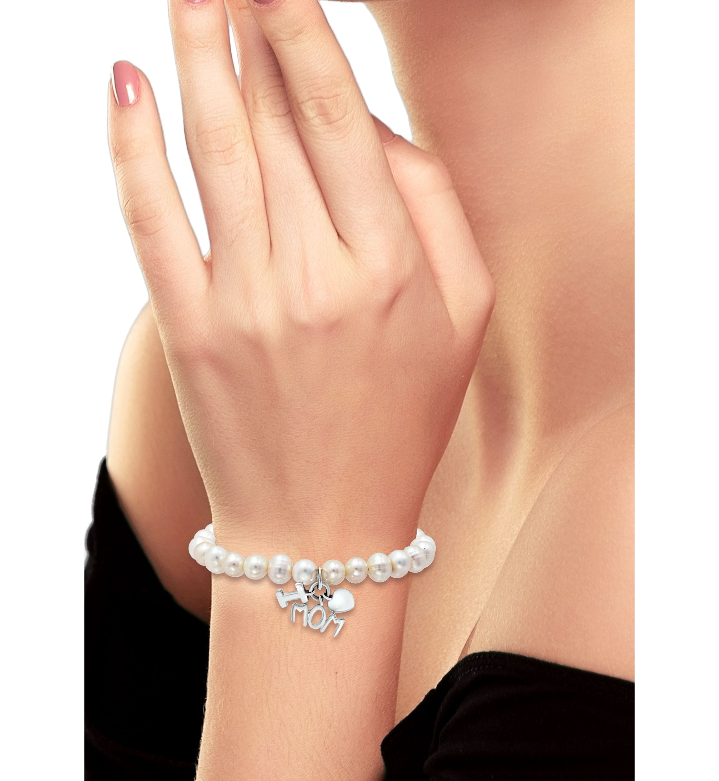 Fresh Water Pearl Mom Charm Bracelet in Sterling Silver