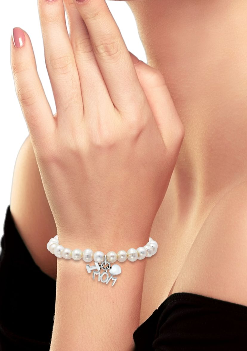 Fresh Water Pearl Mom Charm Bracelet in Sterling Silver