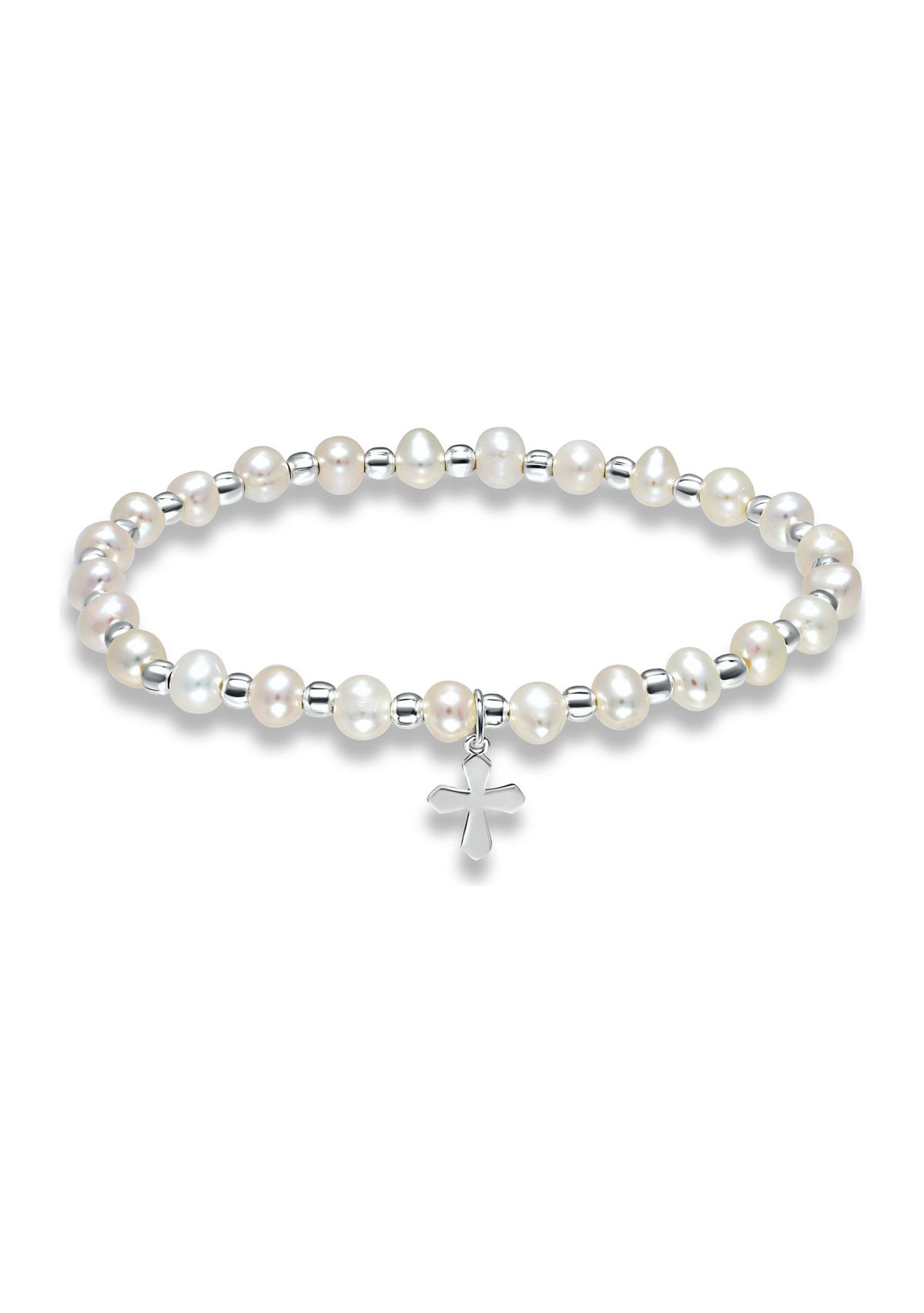 Fresh Water Pearl and Silver Bead Strand Stretch Bracelet with Cross Charm, Sterling Silver
