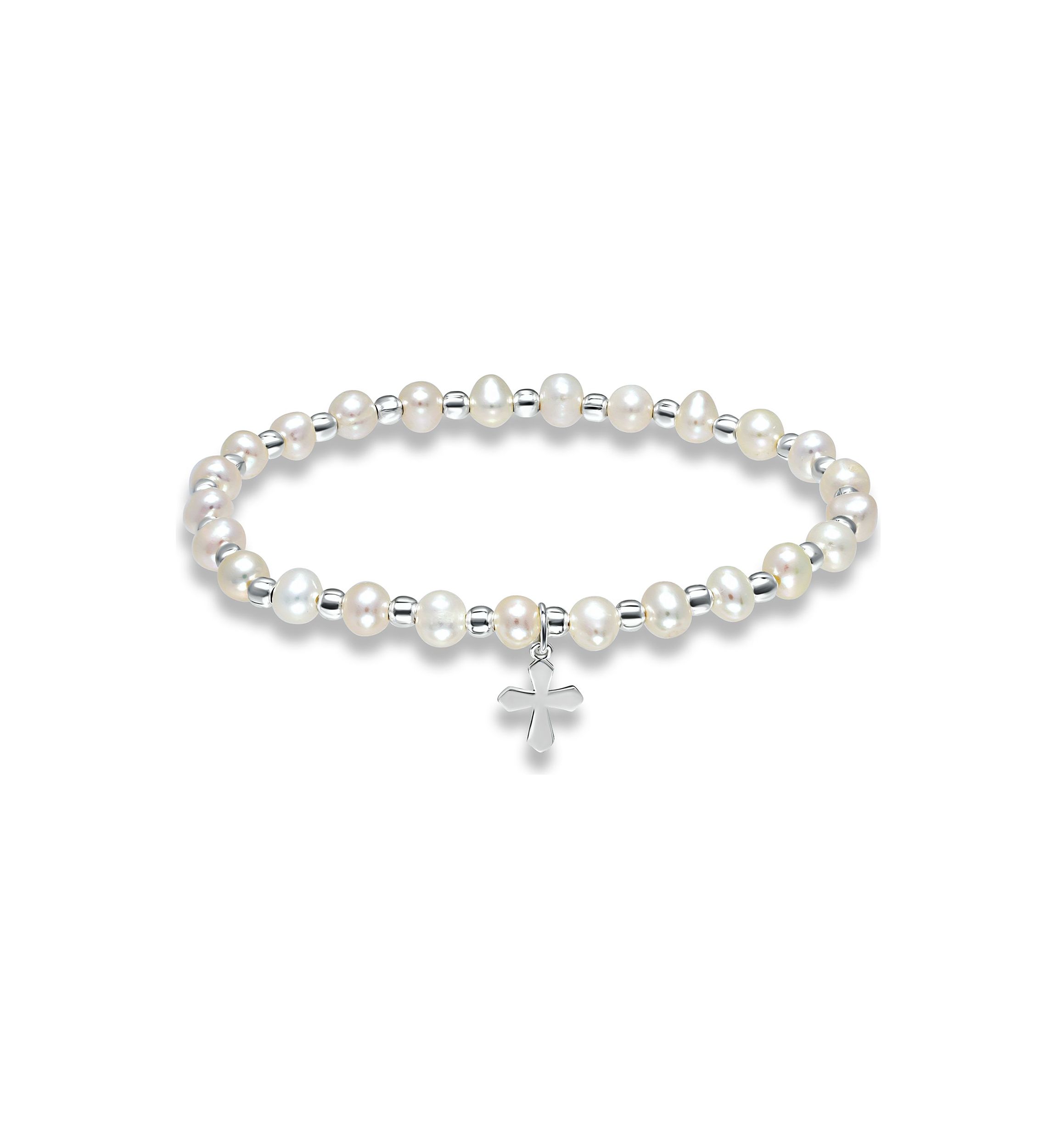 Fresh Water Pearl and Silver Bead Strand Stretch Bracelet with Cross Charm, Sterling Silver