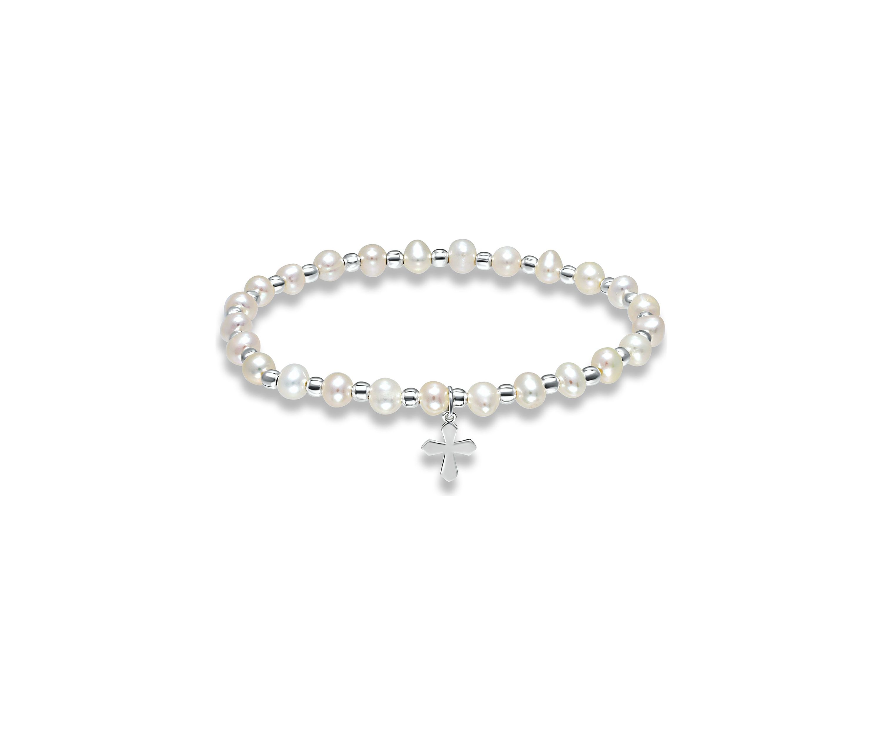 Fresh Water Pearl and Silver Bead Strand Stretch Bracelet with Cross Charm, Sterling Silver