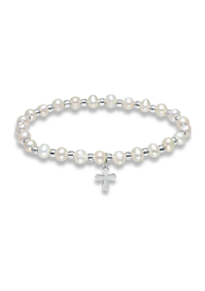 Fresh Water Pearl and Silver Bead Strand Stretch Bracelet with Cross Charm, Sterling Silver
