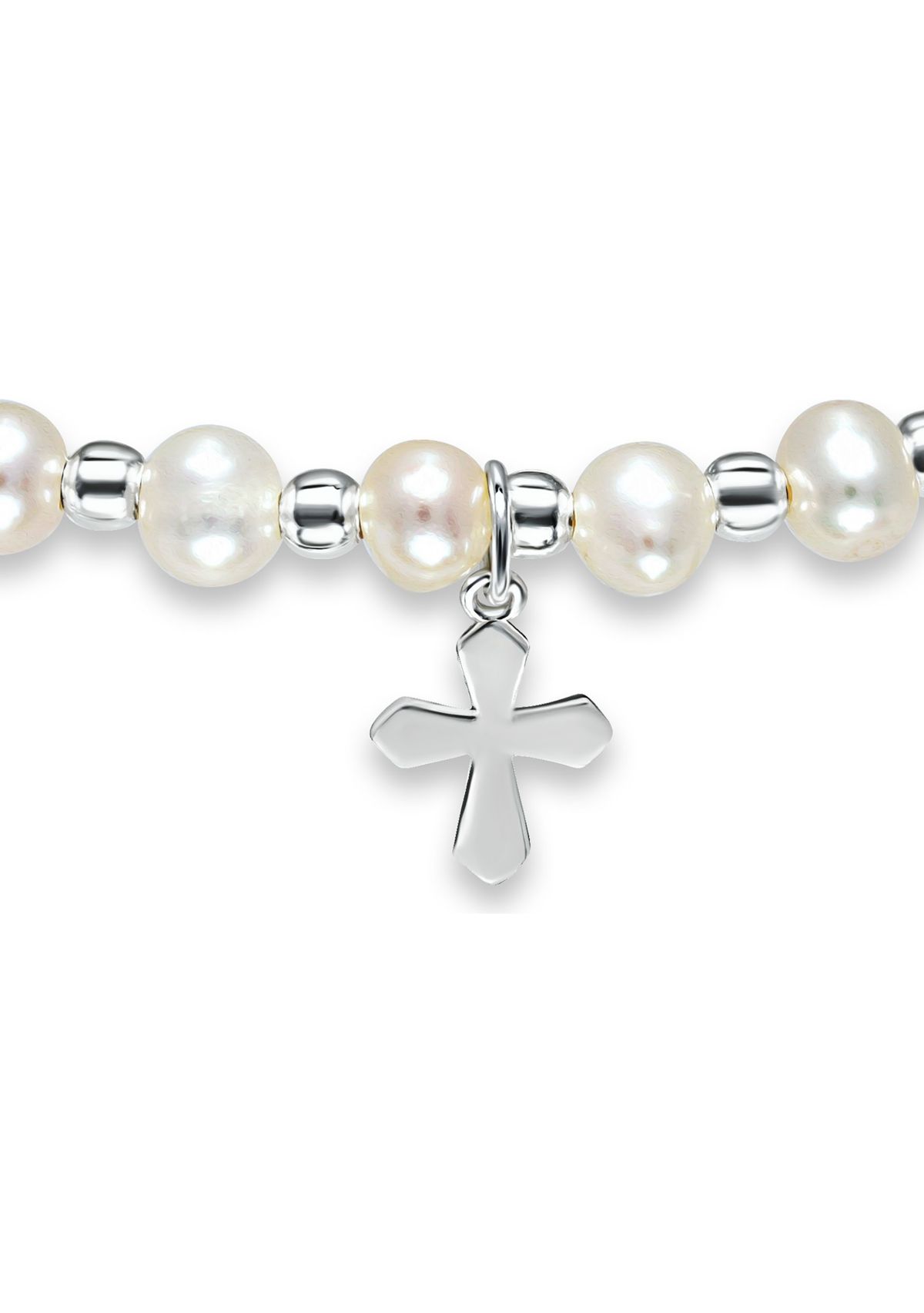 Fresh Water Pearl and Silver Bead Strand Stretch Bracelet with Cross Charm, Sterling Silver