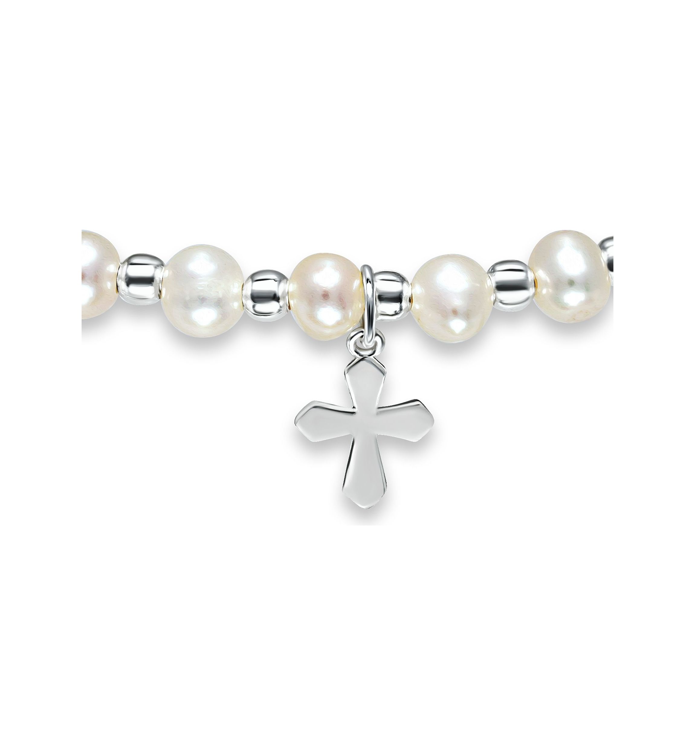 Fresh Water Pearl and Silver Bead Strand Stretch Bracelet with Cross Charm, Sterling Silver