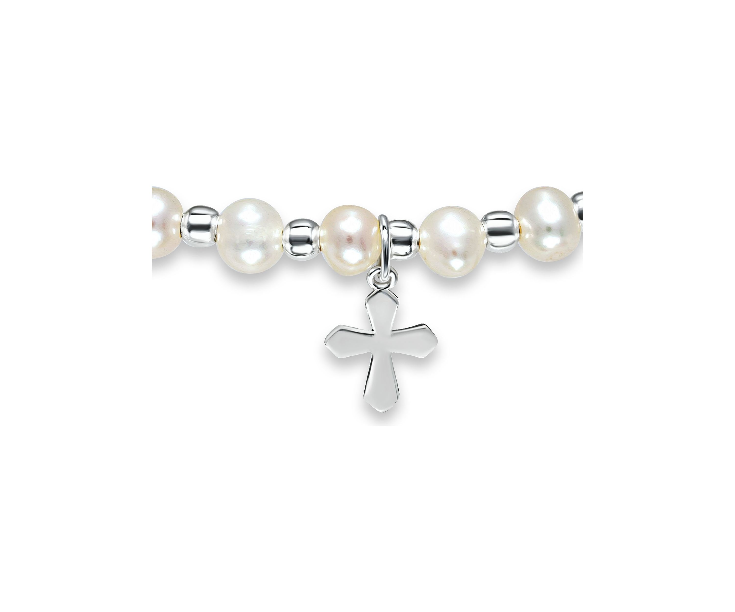 Fresh Water Pearl and Silver Bead Strand Stretch Bracelet with Cross Charm, Sterling Silver