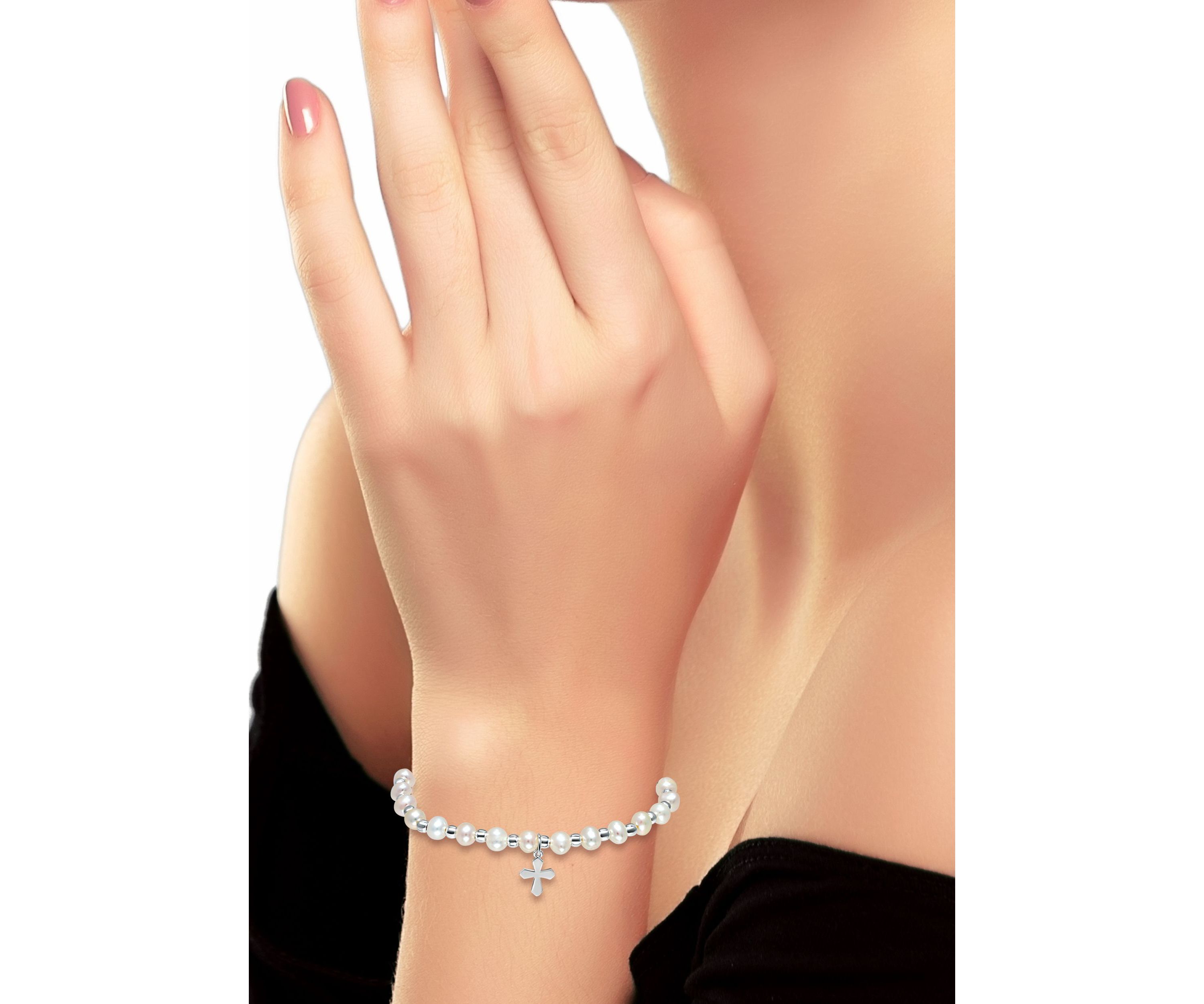 Fresh Water Pearl and Silver Bead Strand Stretch Bracelet with Cross Charm, Sterling Silver