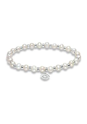 Belk & Co Fresh Water Pearl and Silver Bead Strand Stretch Bracelet with Evil Eye Charm, Sterling Silver, White