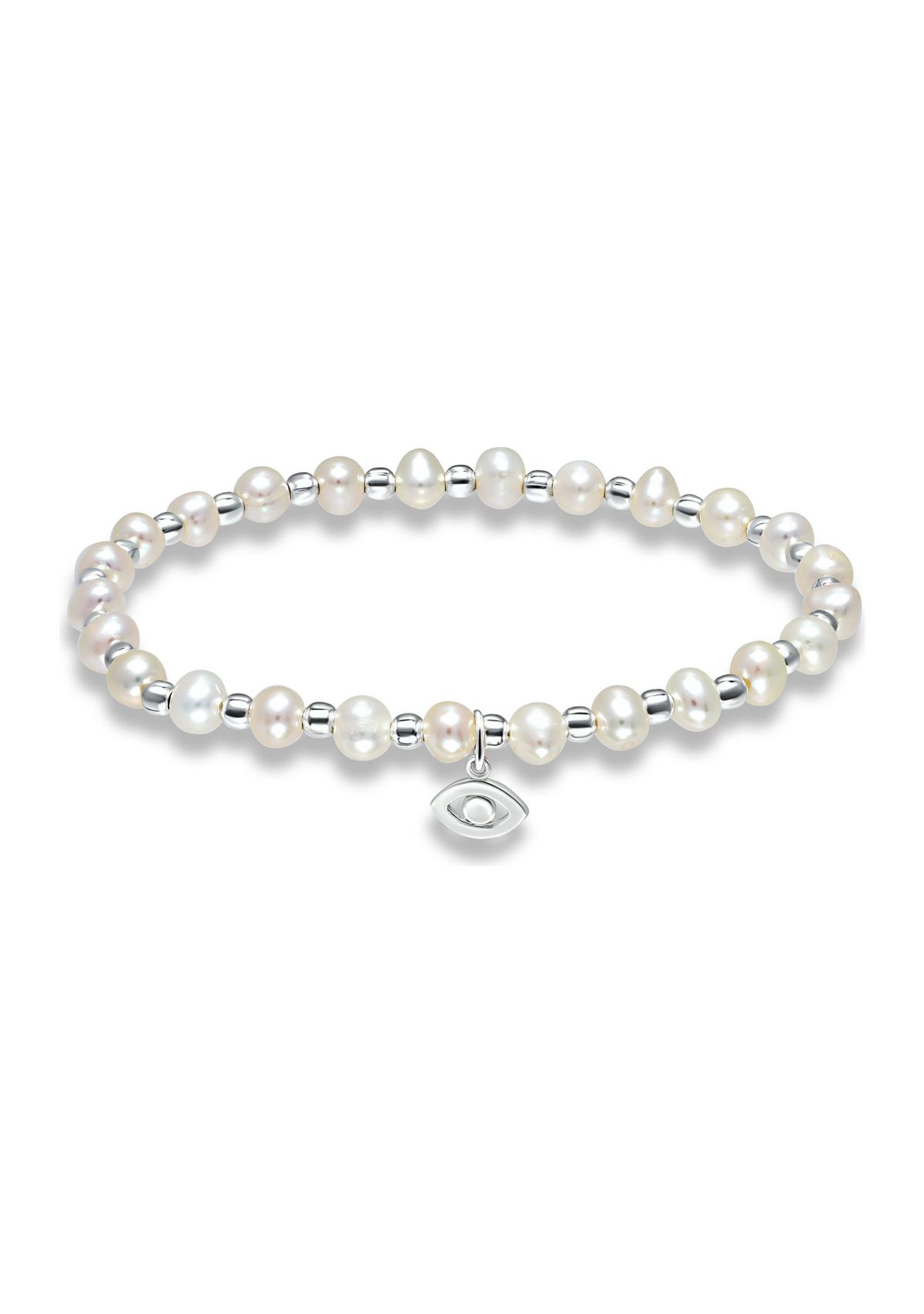 Fresh Water Pearl and Silver Bead Strand Stretch Bracelet with Evil Eye Charm, Sterling Silver