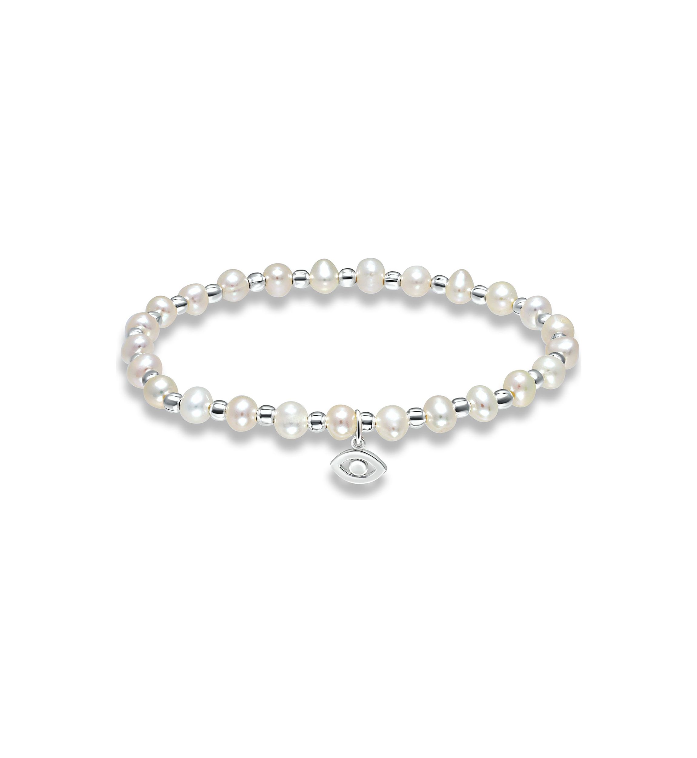 Fresh Water Pearl and Silver Bead Strand Stretch Bracelet with Evil Eye Charm, Sterling Silver