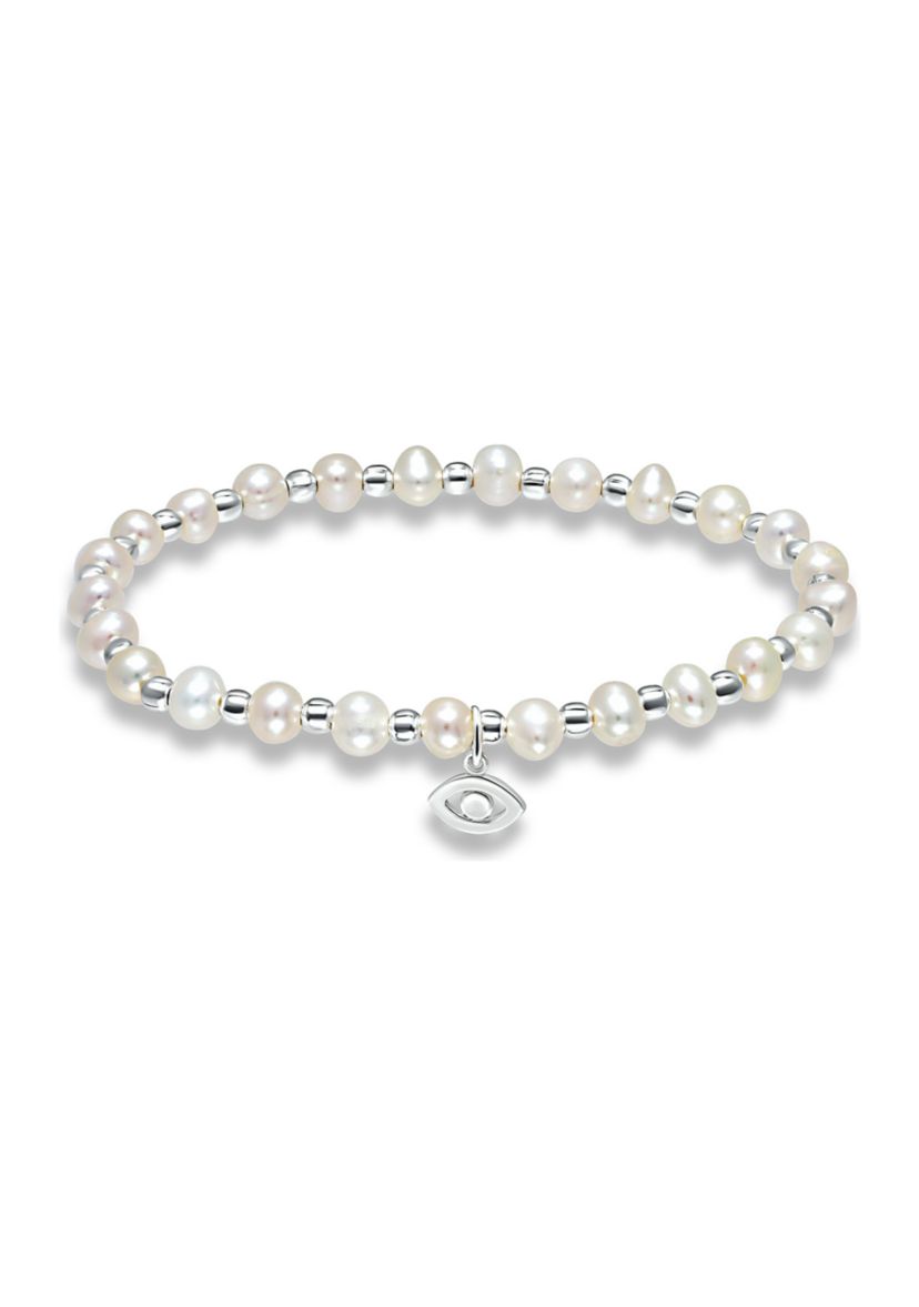Fresh Water Pearl and Silver Bead Strand Stretch Bracelet with Evil Eye Charm, Sterling Silver