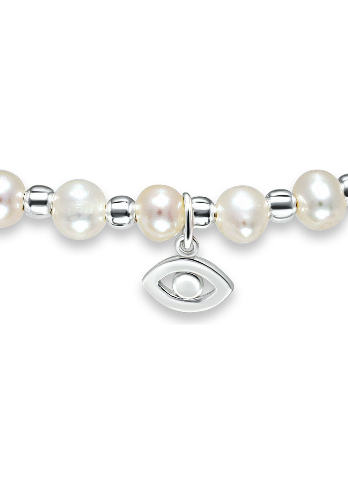 Fresh Water Pearl and Silver Bead Strand Stretch Bracelet with Evil Eye Charm, Sterling Silver