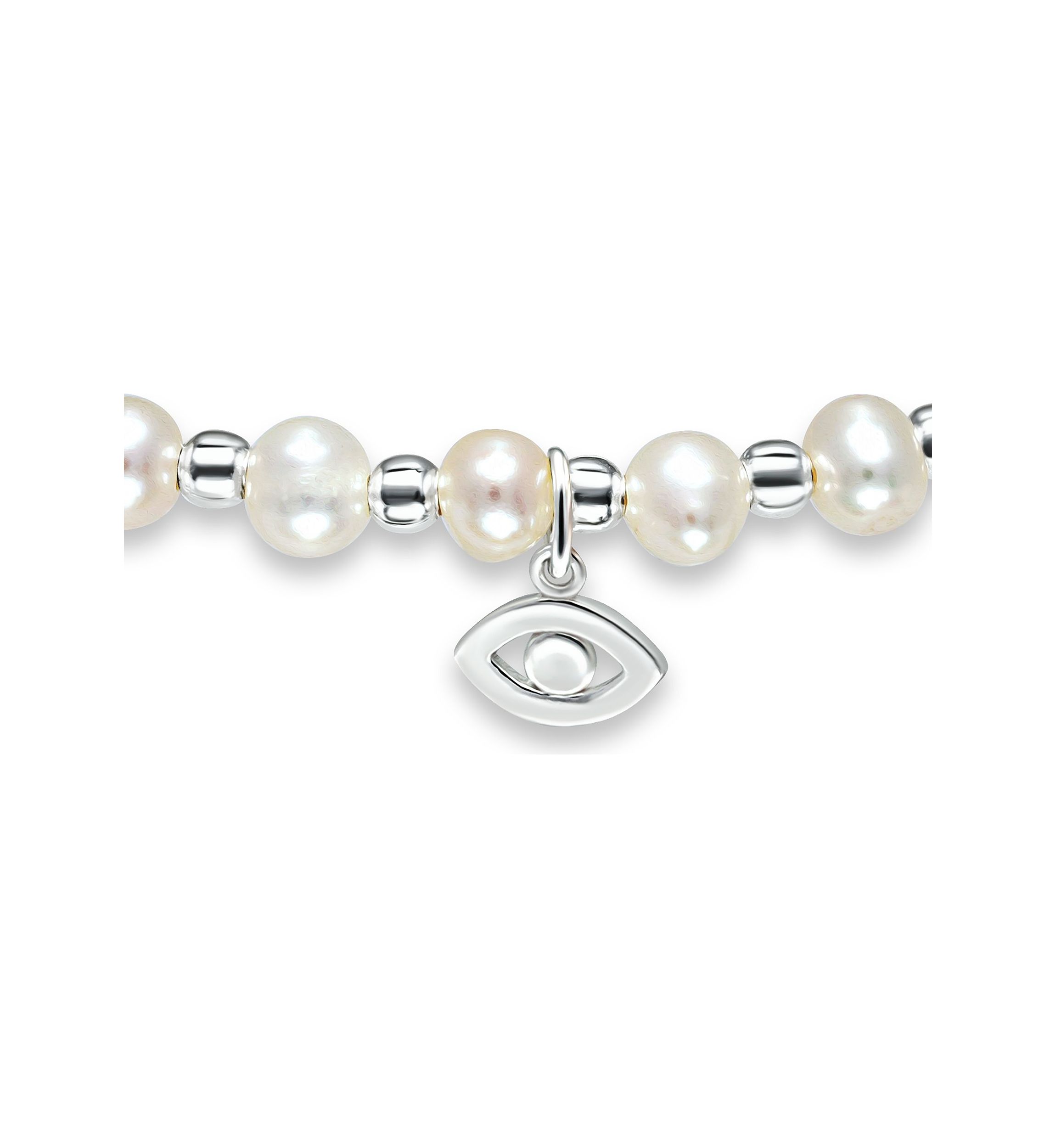 Fresh Water Pearl and Silver Bead Strand Stretch Bracelet with Evil Eye Charm, Sterling Silver