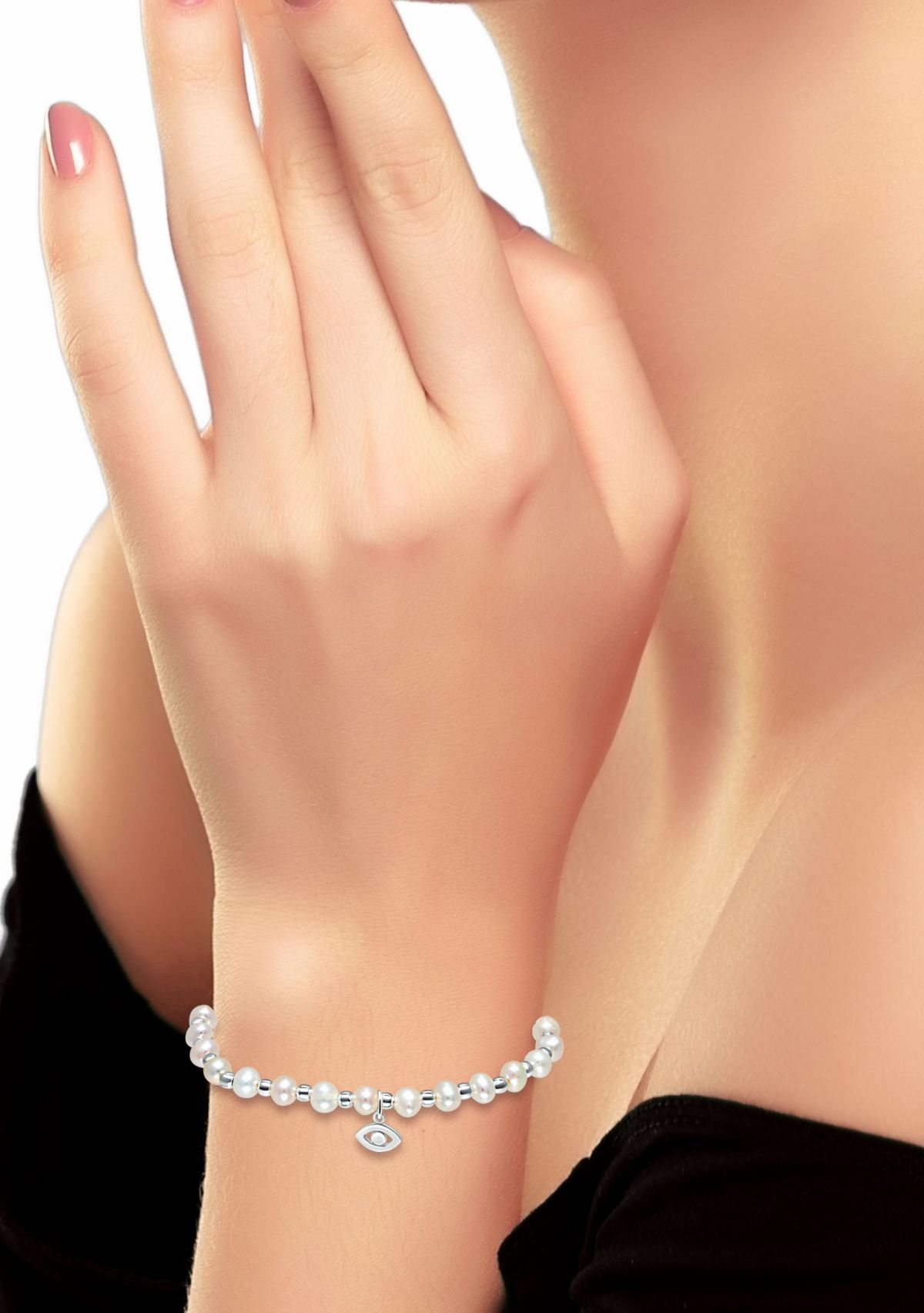 Fresh Water Pearl and Silver Bead Strand Stretch Bracelet with Evil Eye Charm, Sterling Silver