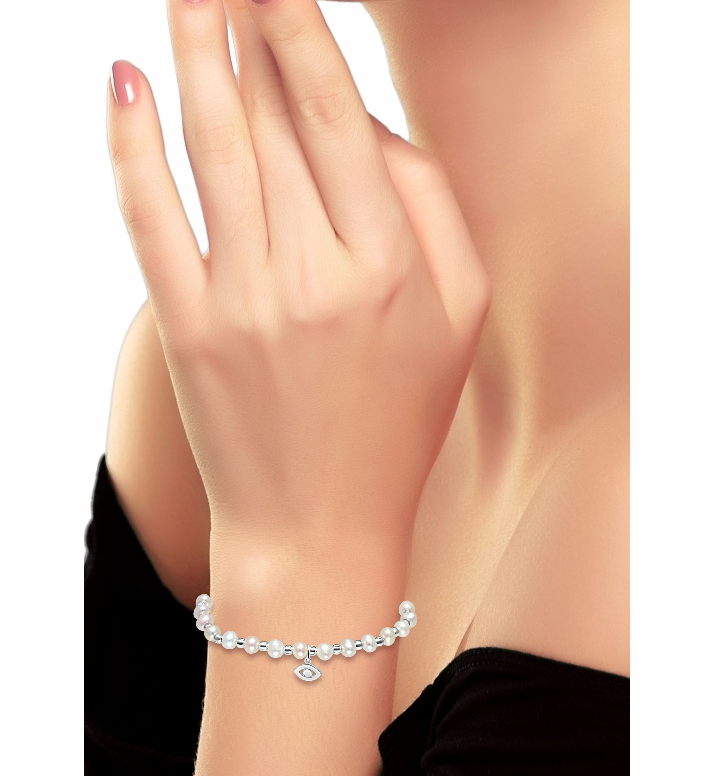 Fresh Water Pearl and Silver Bead Strand Stretch Bracelet with Evil Eye Charm, Sterling Silver