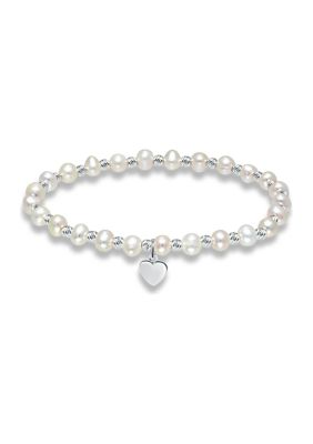 Belk & Co Fresh Water Pearl and Silver Bead Strand Stretch Bracelet with Heart Charm, Sterling Silver, White