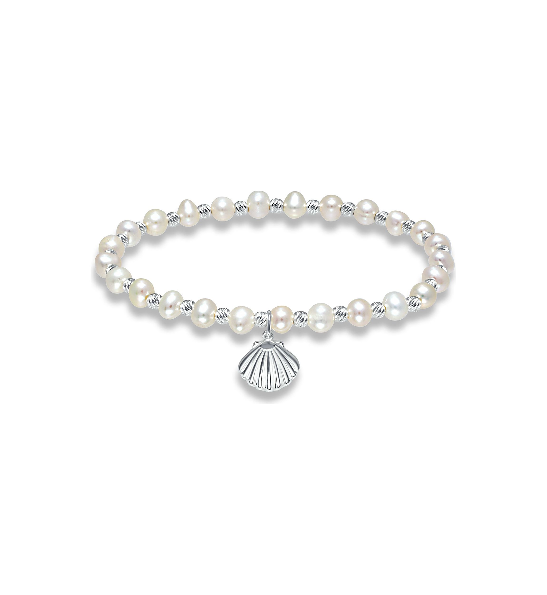Fresh Water Pearl and Silver Bead Strand Stretch Bracelet with Sea Shell Charm, Sterling Silver