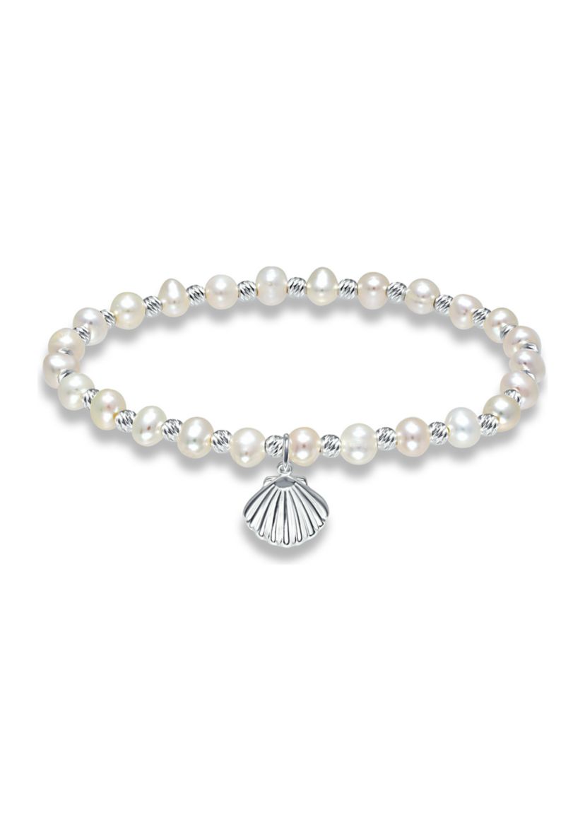 Fresh Water Pearl and Silver Bead Strand Stretch Bracelet with Sea Shell Charm, Sterling Silver