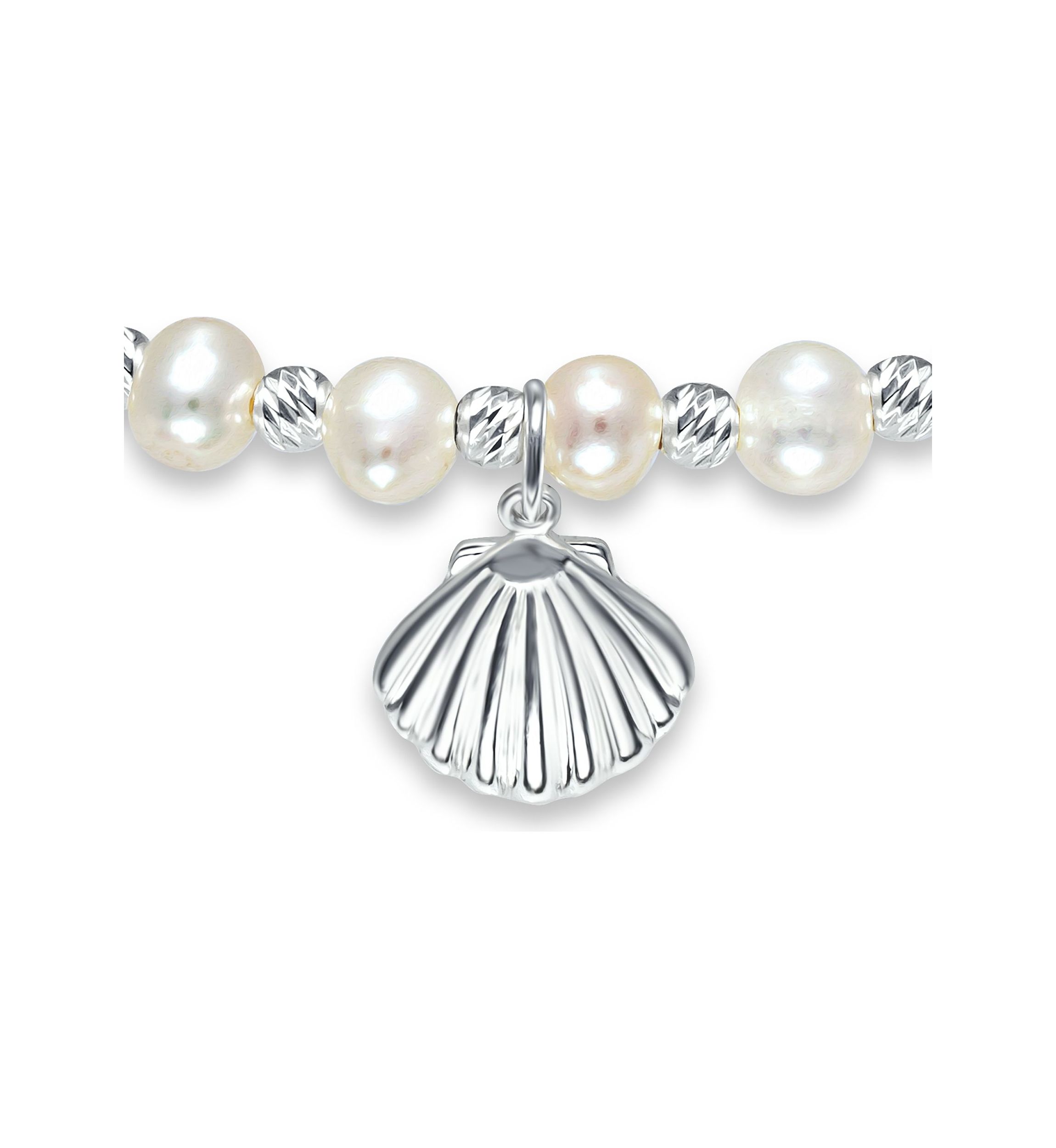Fresh Water Pearl and Silver Bead Strand Stretch Bracelet with Sea Shell Charm, Sterling Silver