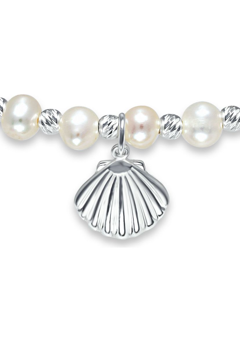 Fresh Water Pearl and Silver Bead Strand Stretch Bracelet with Sea Shell Charm, Sterling Silver