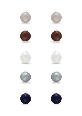 Set of 5 Multi-Color Freshwater Pearl Studs in Sterling Silver, 65% Off
