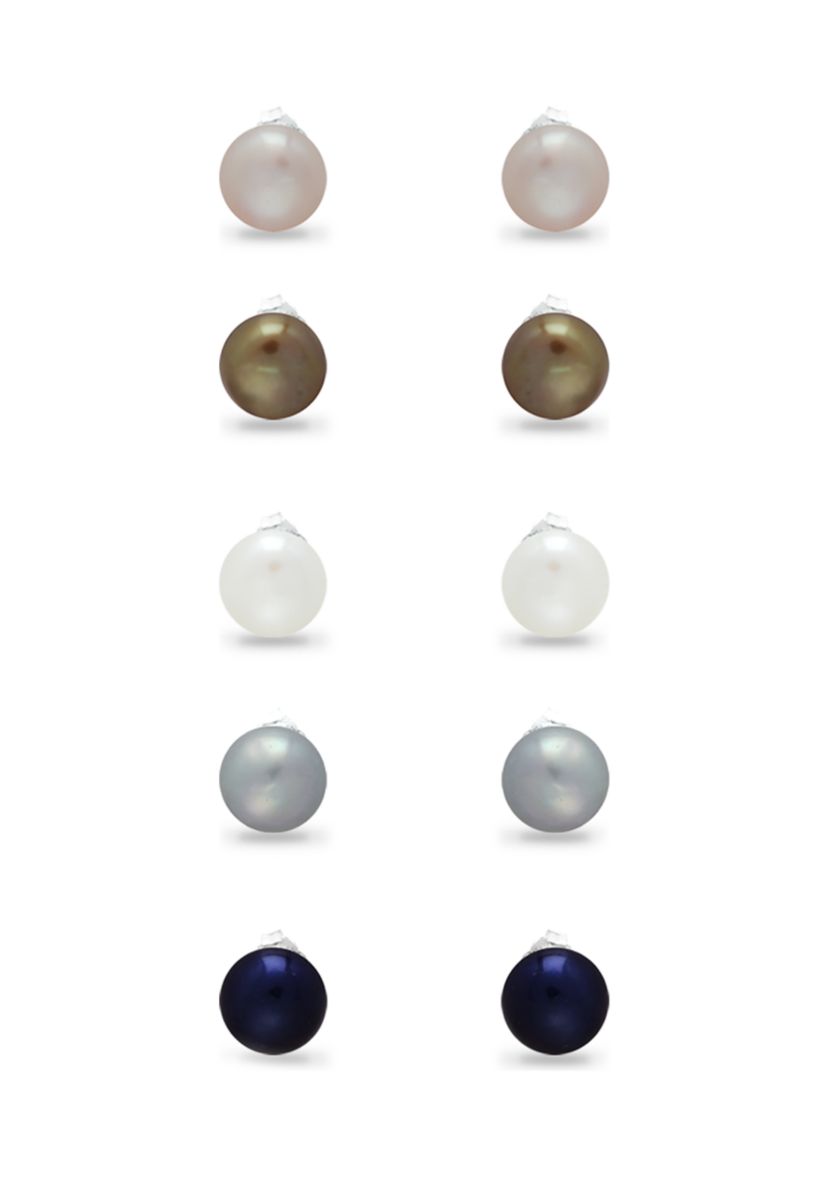 Multi Color Fresh Water Pearl Stud Earrings 5-Piece Set in Sterling Silver