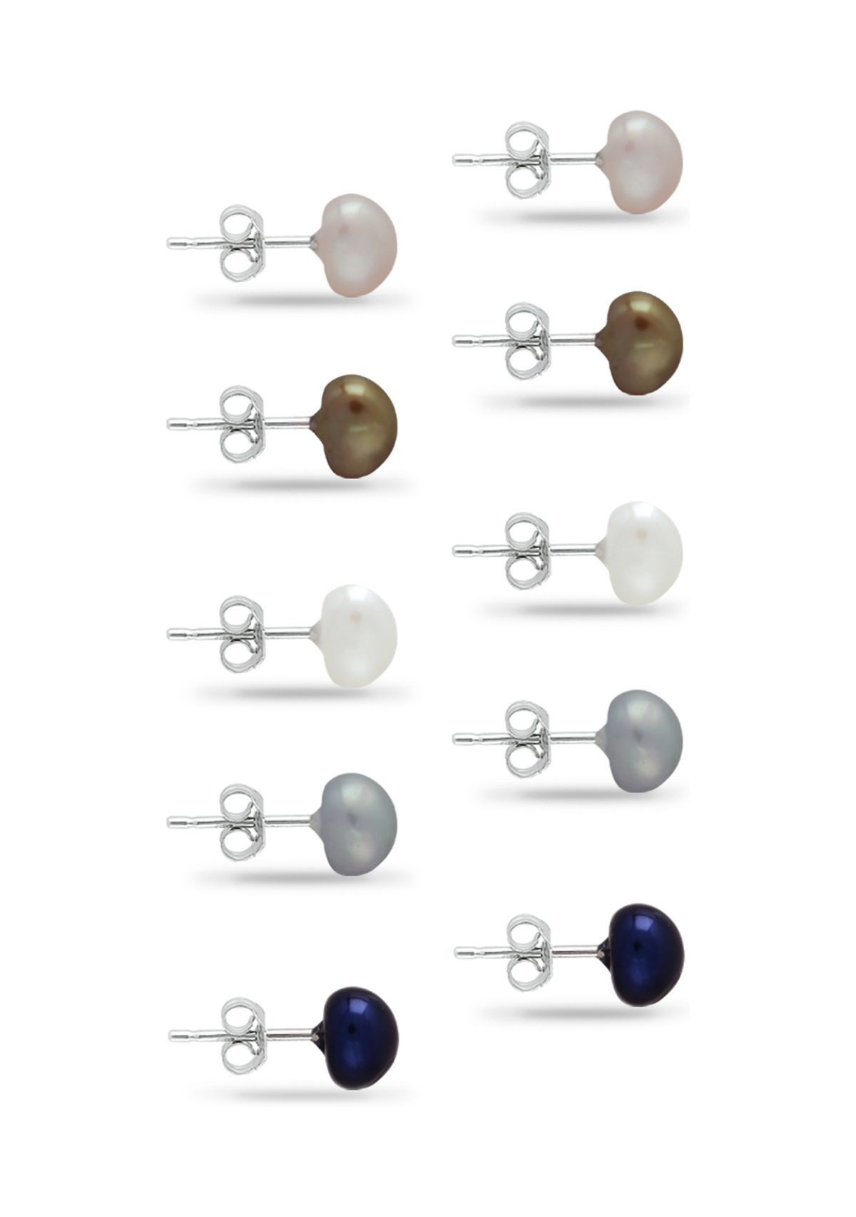 Multi Color Fresh Water Pearl Stud Earrings 5-Piece Set in Sterling Silver