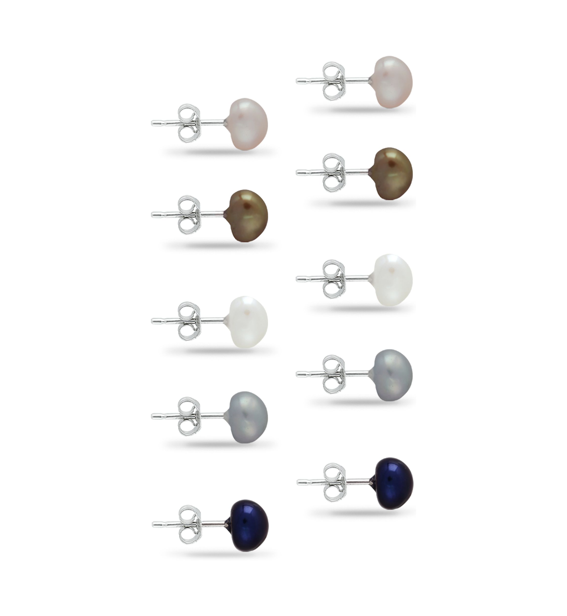 Multi Color Fresh Water Pearl Stud Earrings 5-Piece Set in Sterling Silver
