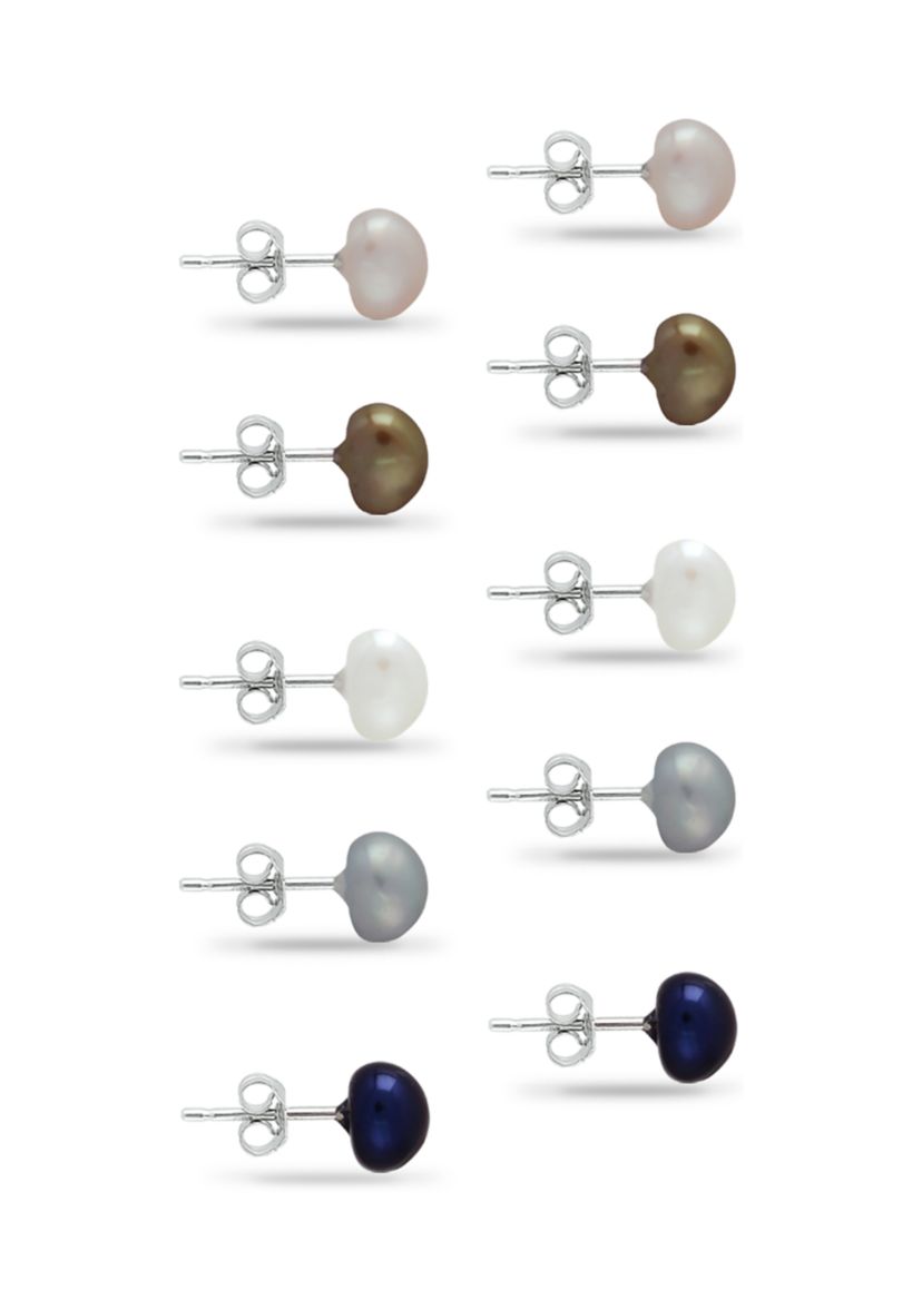 Multi Color Fresh Water Pearl Stud Earrings 5-Piece Set in Sterling Silver