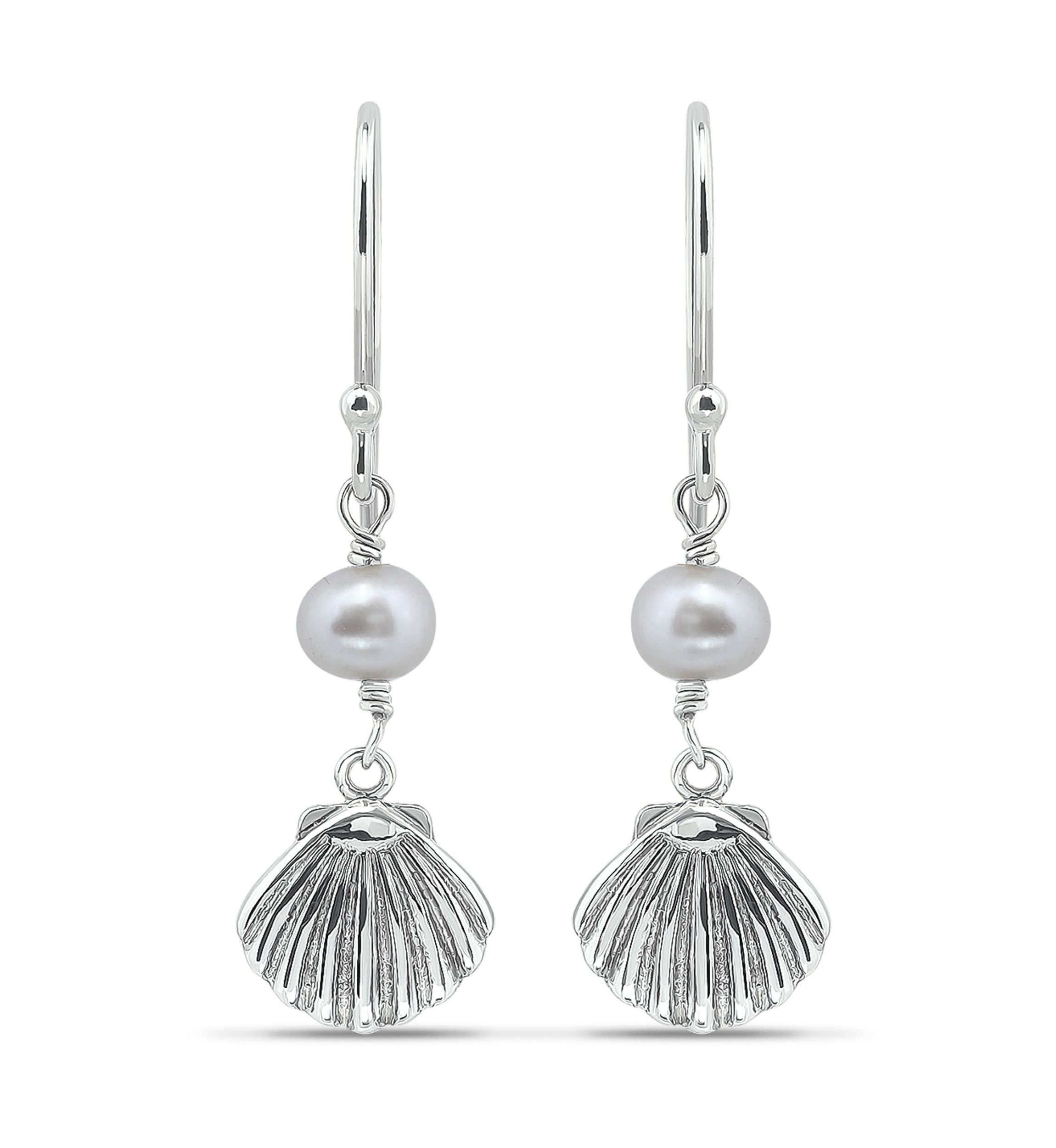 5mm Freshwater Pearl & Seashell Drop French Wire Earrings, Sterling Silver