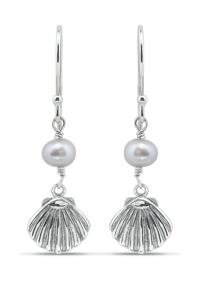 5mm Freshwater Pearl & Seashell Drop French Wire Earrings, Sterling Silver