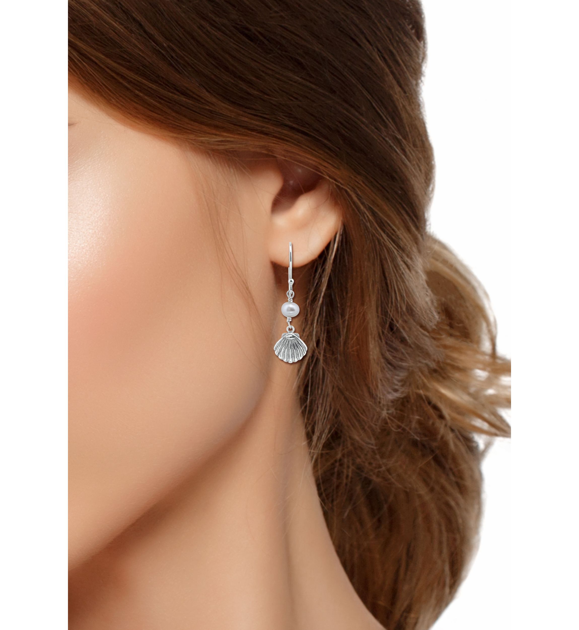 5mm Freshwater Pearl & Seashell Drop French Wire Earrings, Sterling Silver