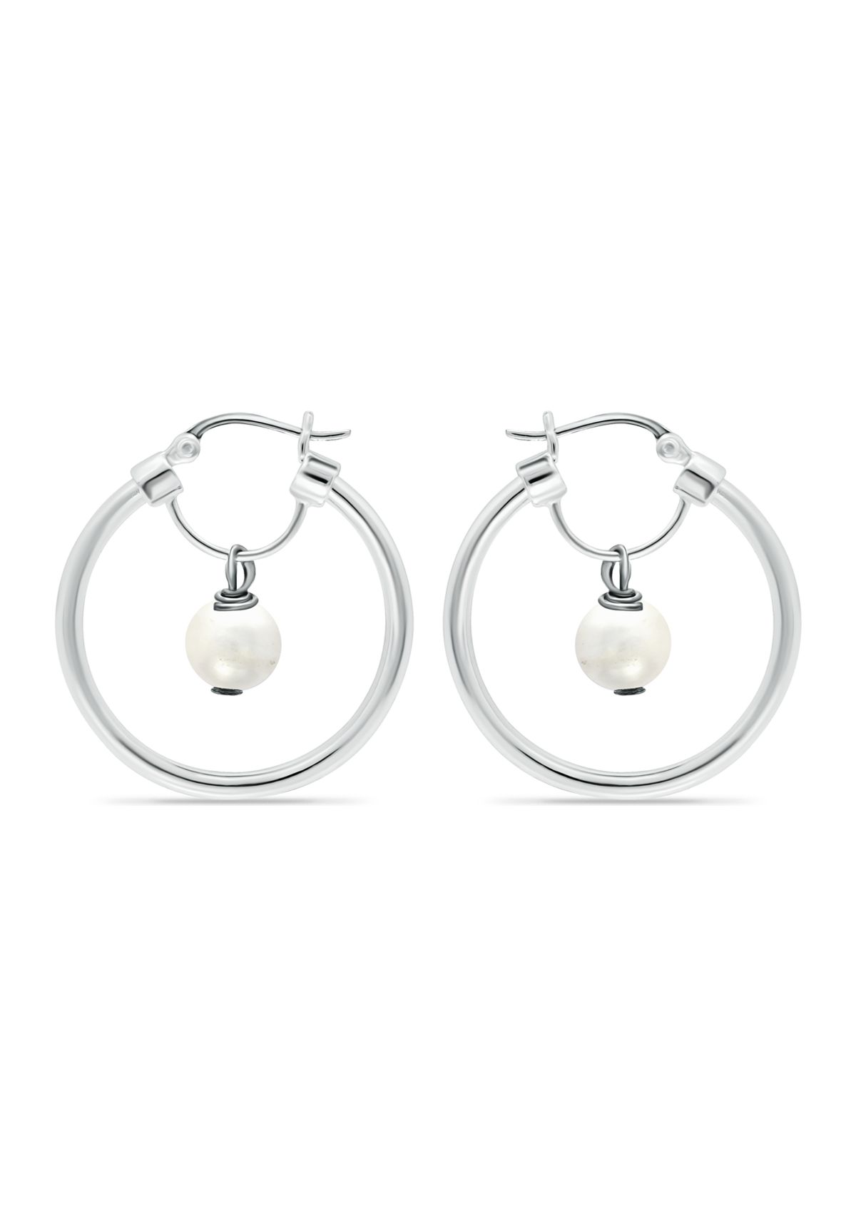 Fresh Water Pearl Drop Hoop Earrings in Sterling Silver